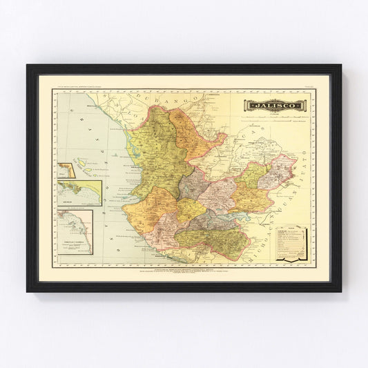 Vintage Map of Jalisco Mexico, 1886