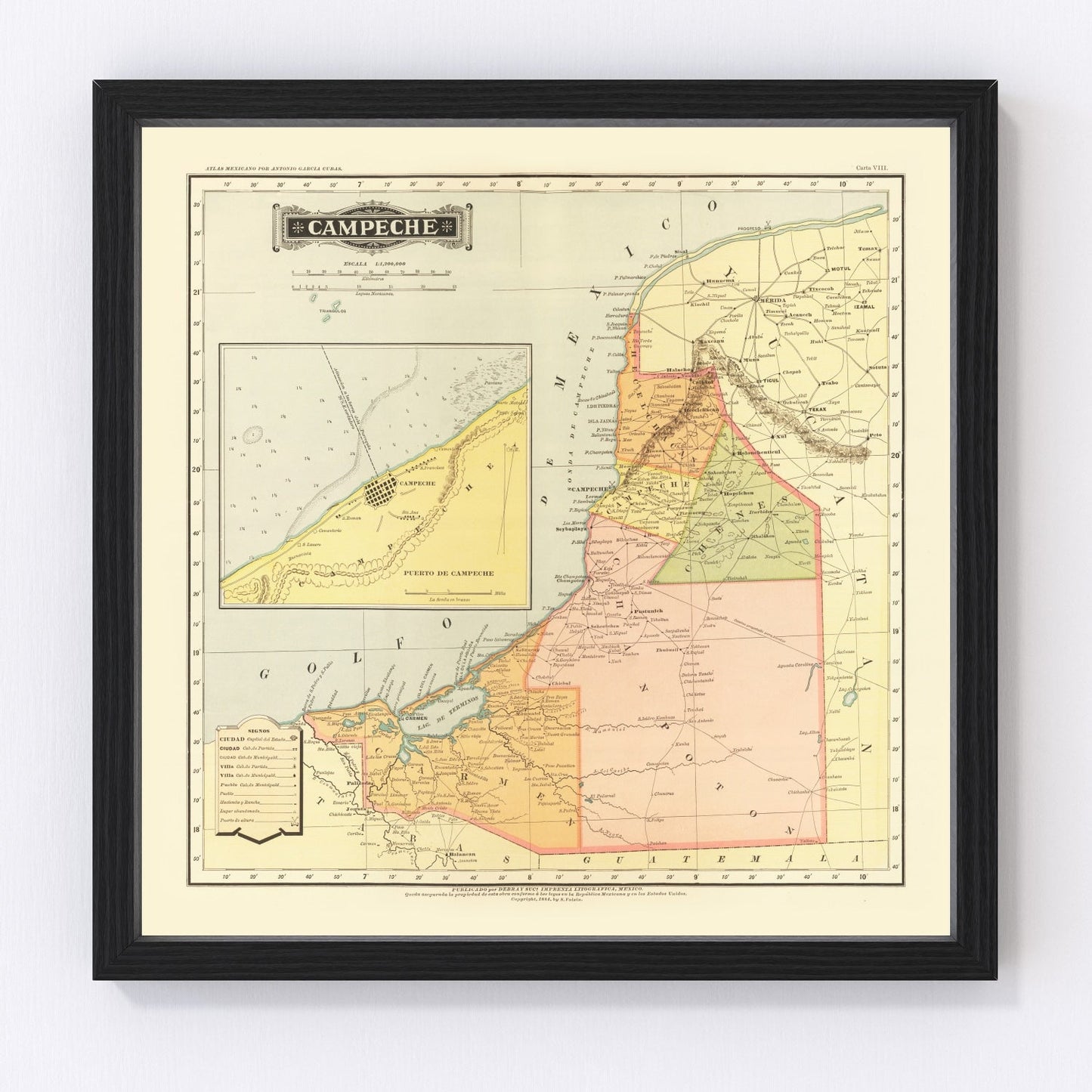 Vintage Map of Campeche Mexico, 1886