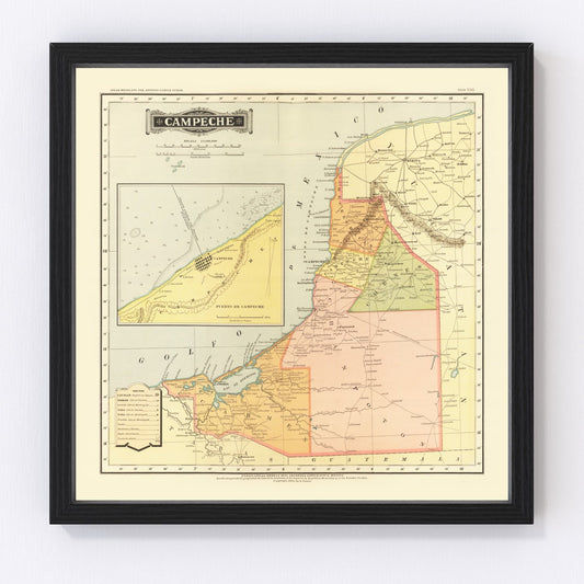 Vintage Map of Campeche Mexico, 1886