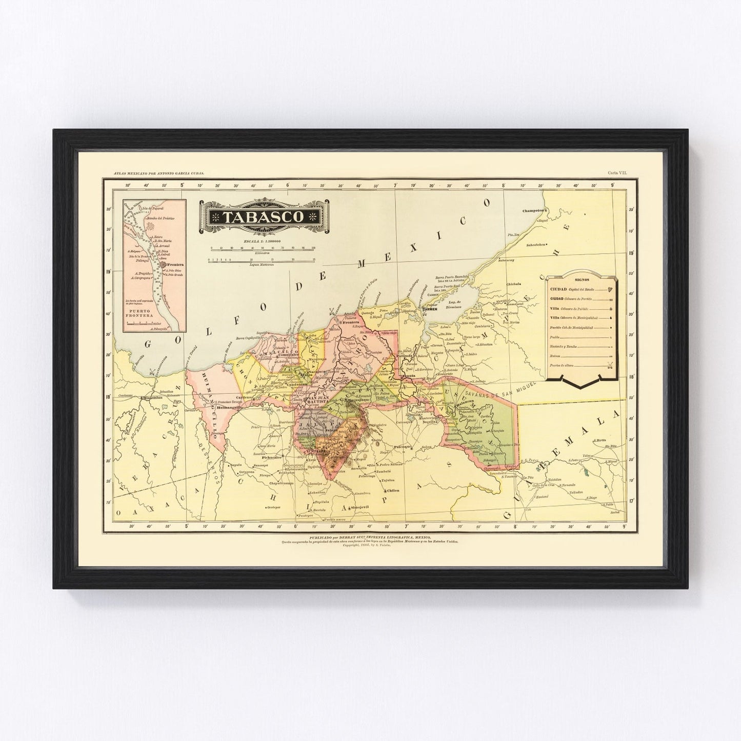 Vintage Map of Tabasco Mexico, 1886