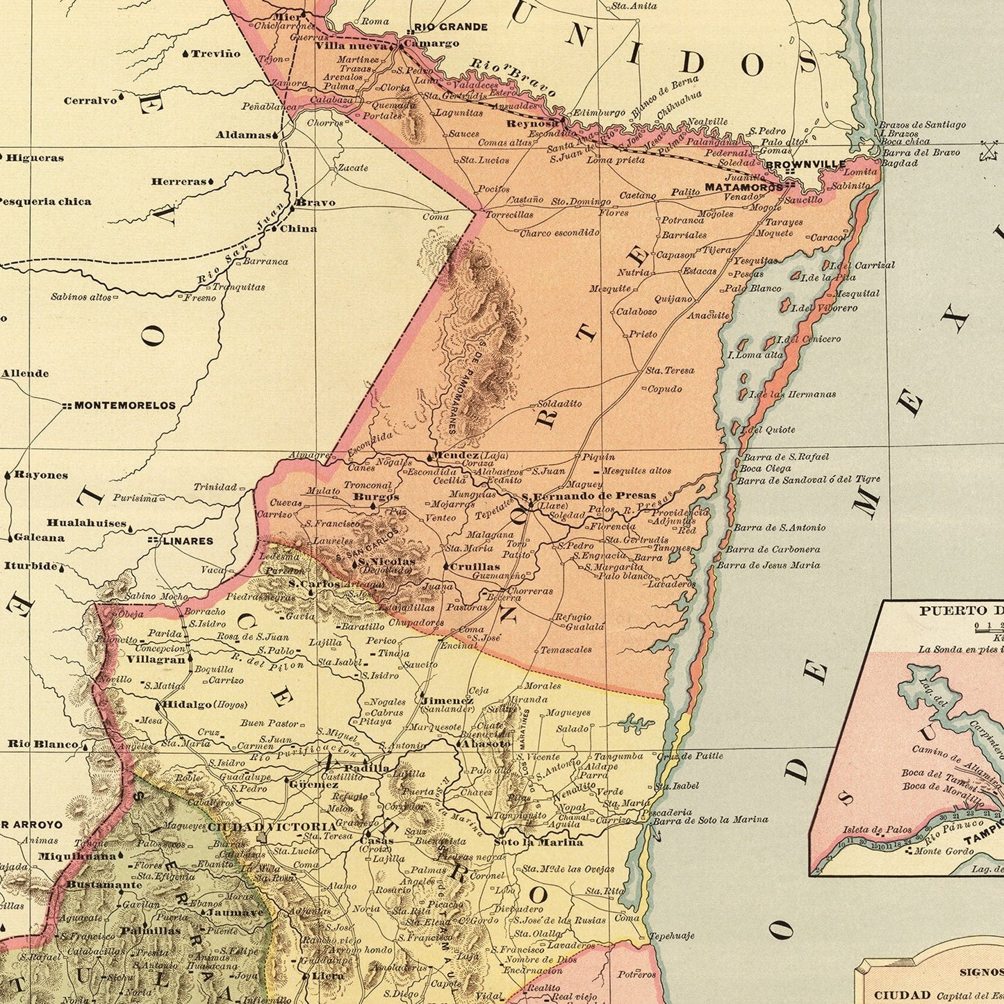Vintage Map of Tamaulipas Mexico, 1886