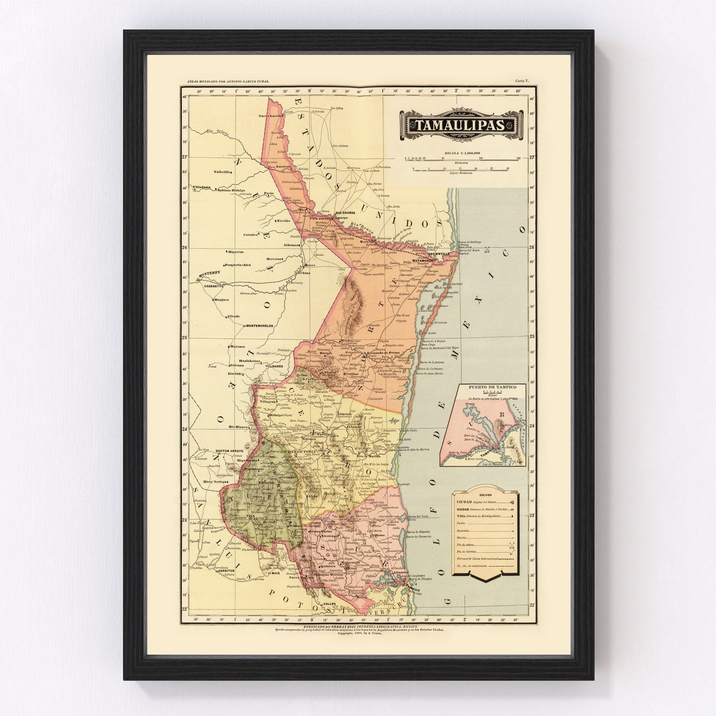 Vintage Map of Tamaulipas Mexico, 1886