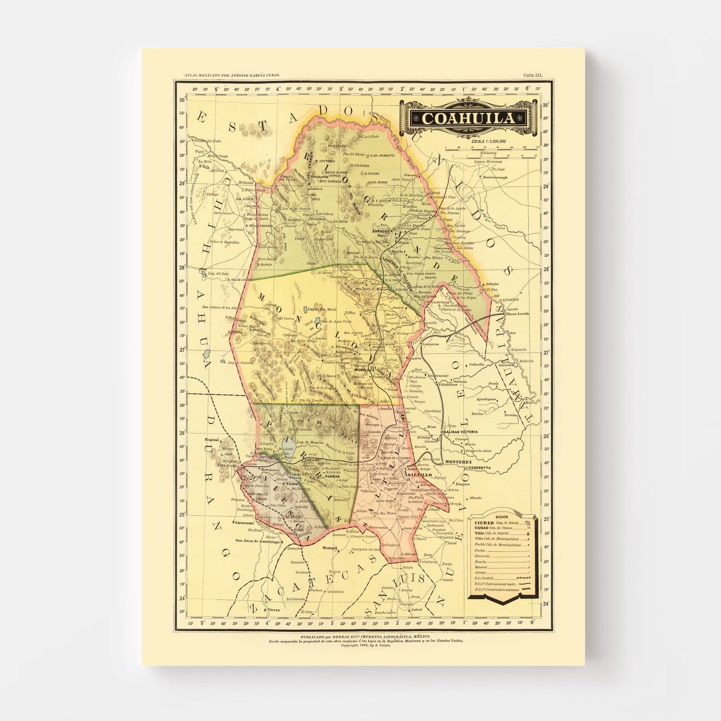 Vintage Map of Coahuila Mexico, 1886