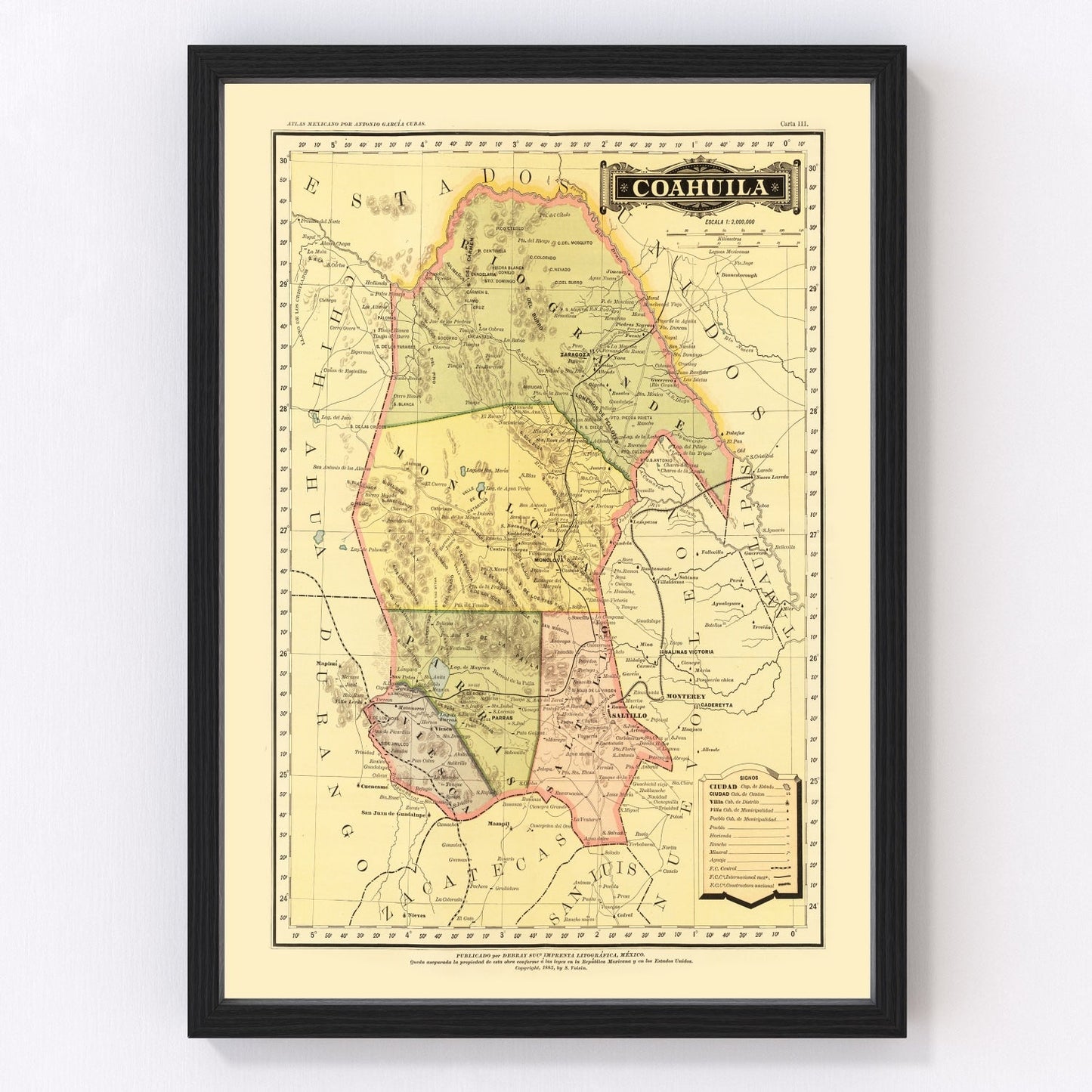 Vintage Map of Coahuila Mexico, 1886