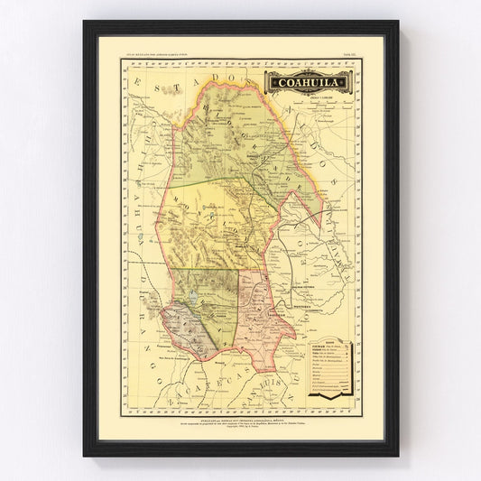 Vintage Map of Coahuila Mexico, 1886