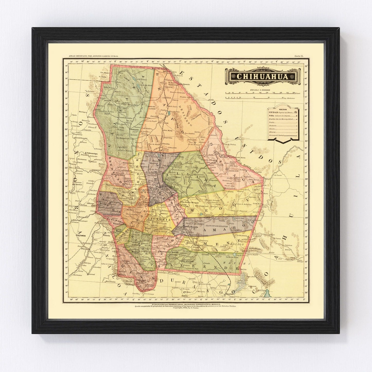 Vintage Map of Chihuahua Mexico, 1886