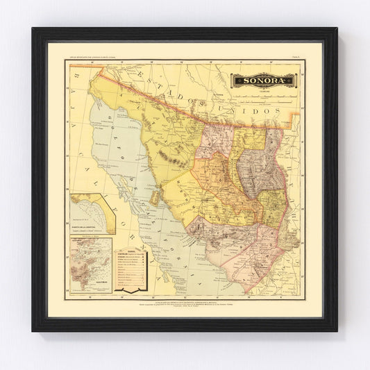 Vintage Map of Sonora Mexico, 1886