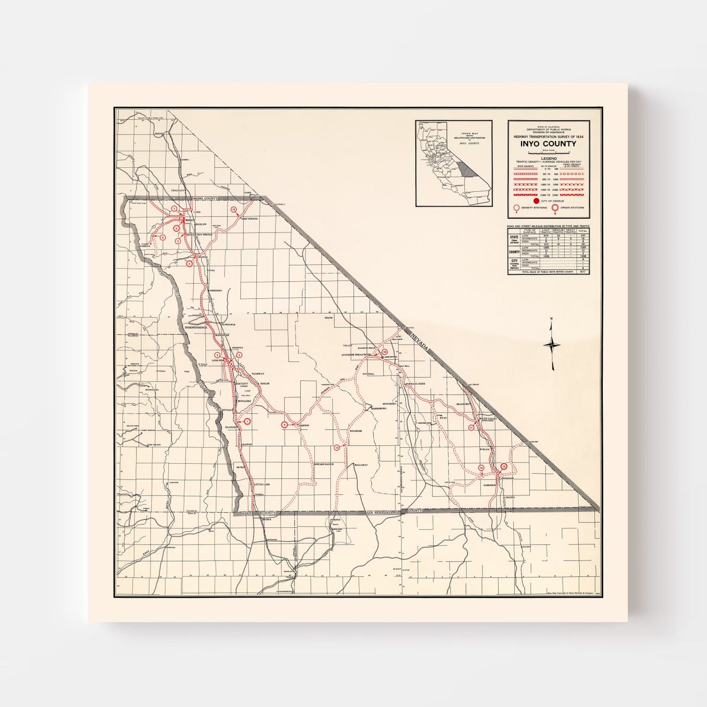 Vintage Map of Inyo County, California 1935