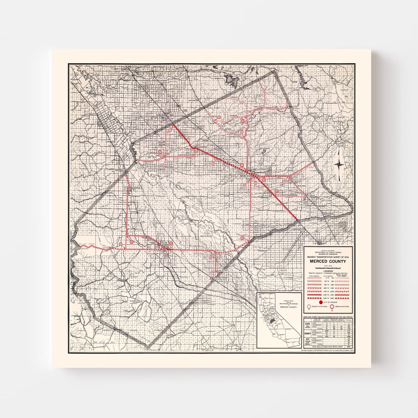 Vintage Map of Merced County, California 1935