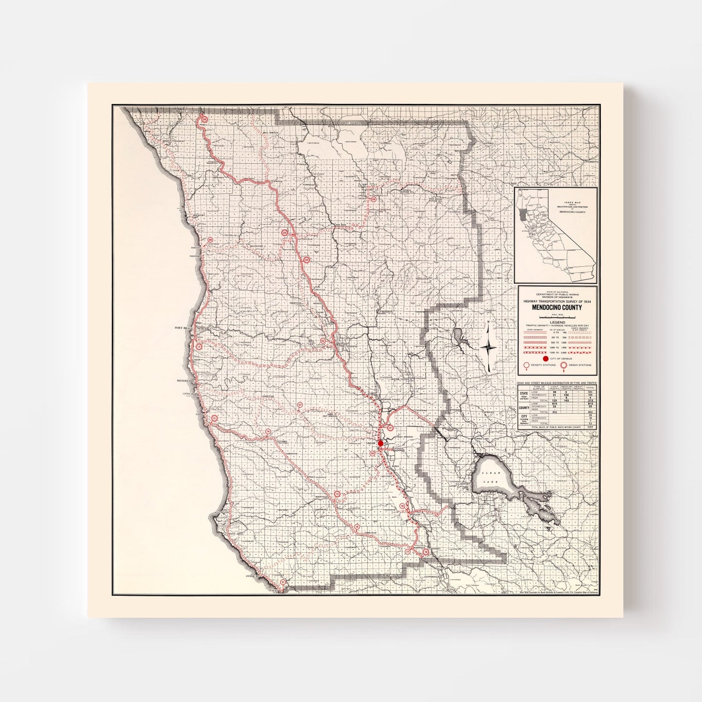 Vintage Map of Mendocino County, California 1935