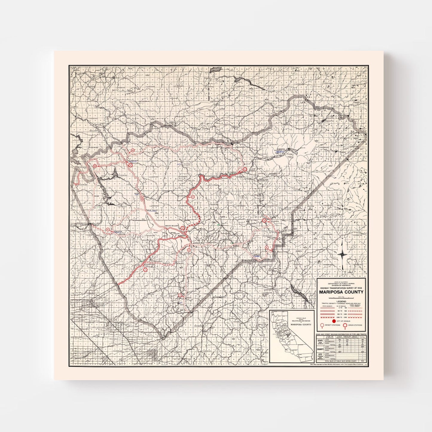 Vintage Map of Mariposa County, California 1935