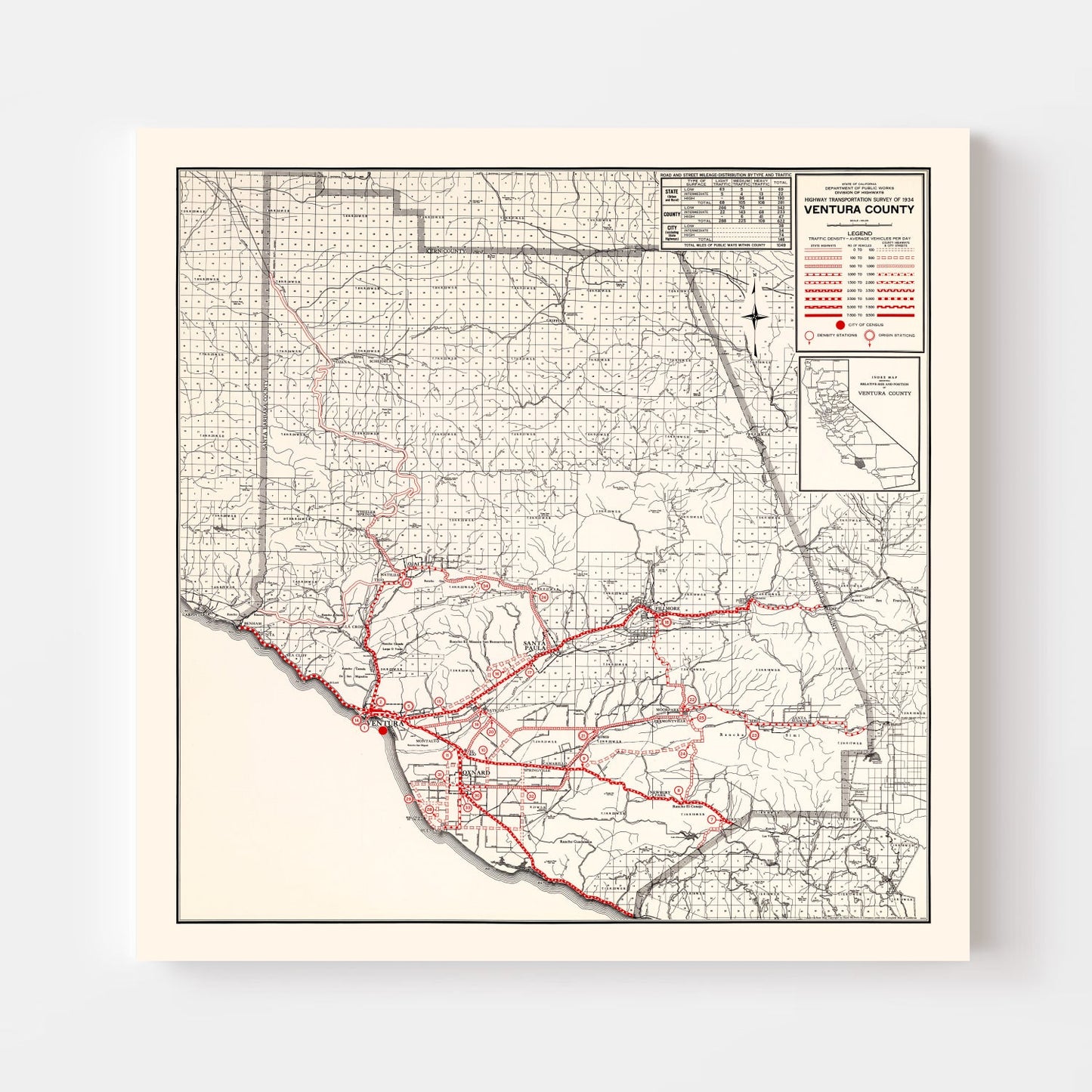 Vintage Map of Ventura County, California 1935
