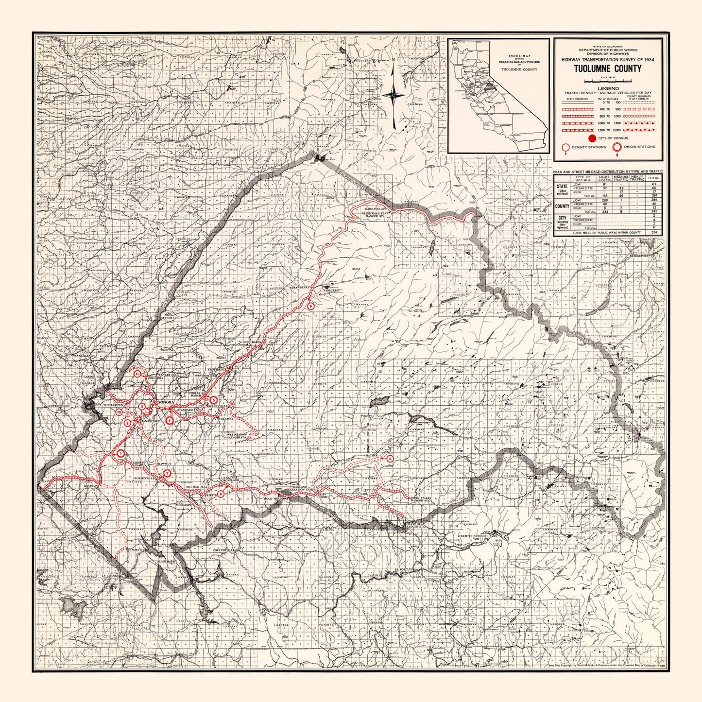 Vintage Map of Tuolumne County, California 1935