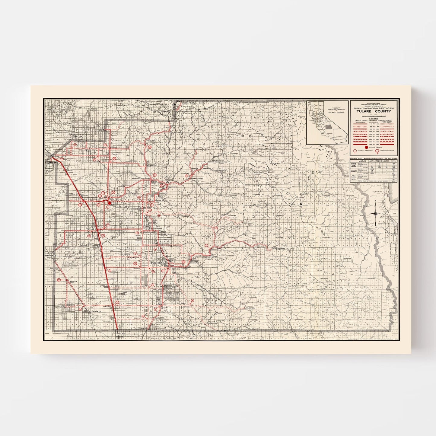 Vintage Map of Tulare County, California 1935