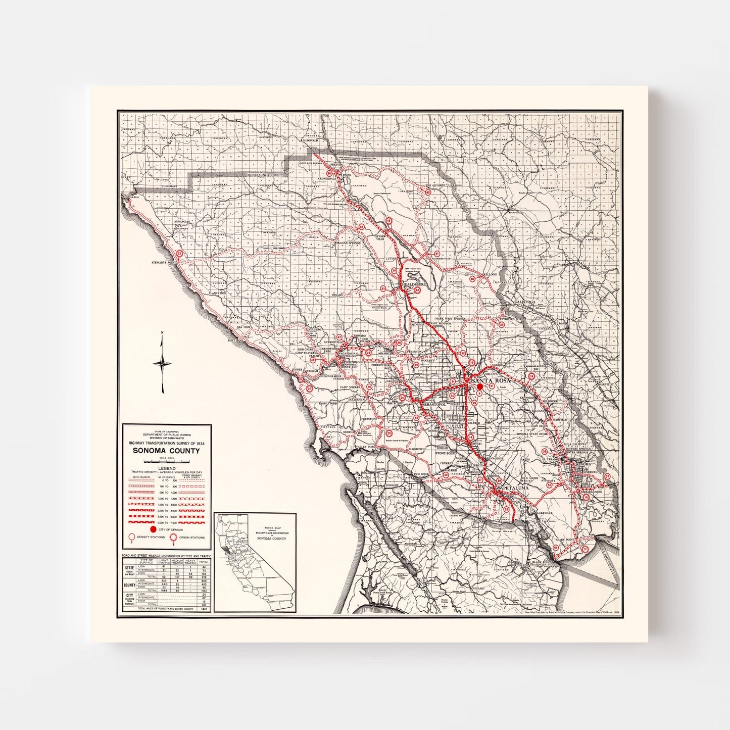Vintage Map of Sonoma County, California 1935