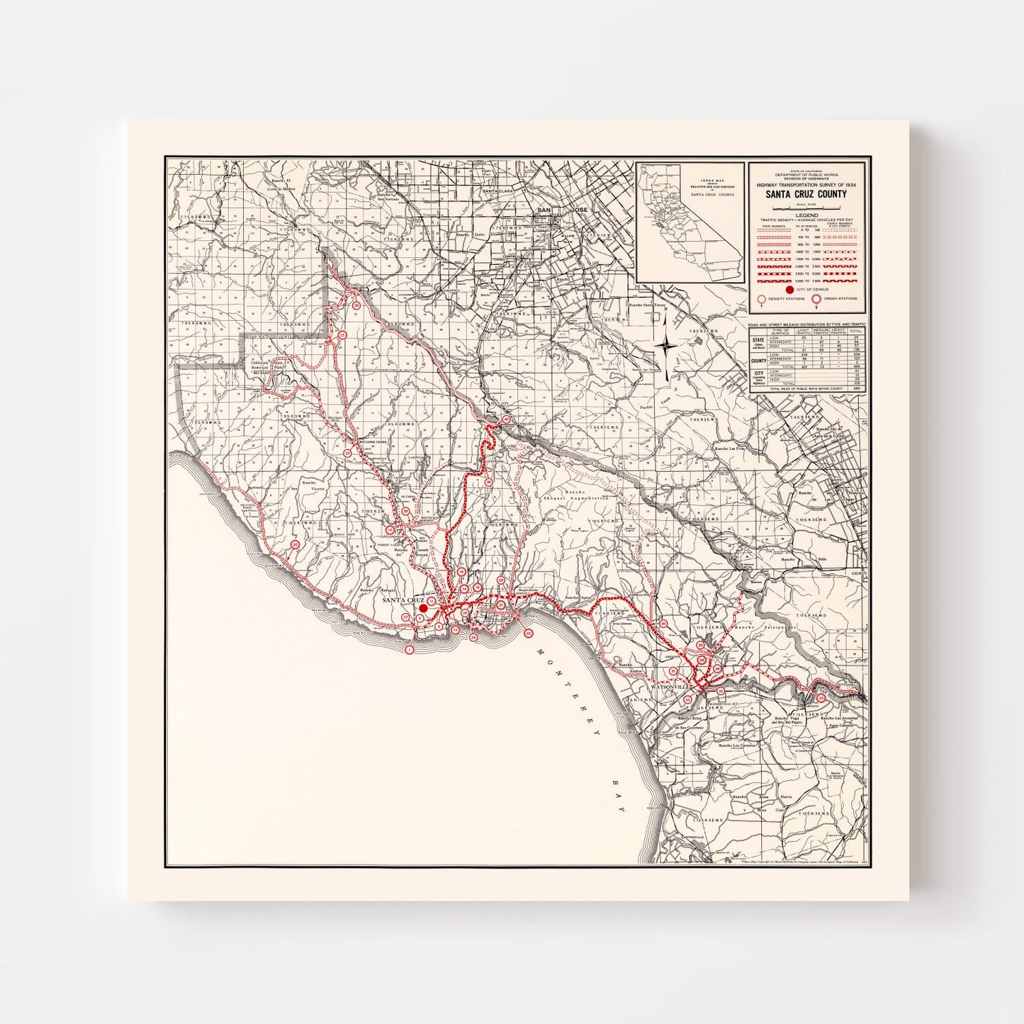 Vintage Map of Santa Cruz County, California 1935