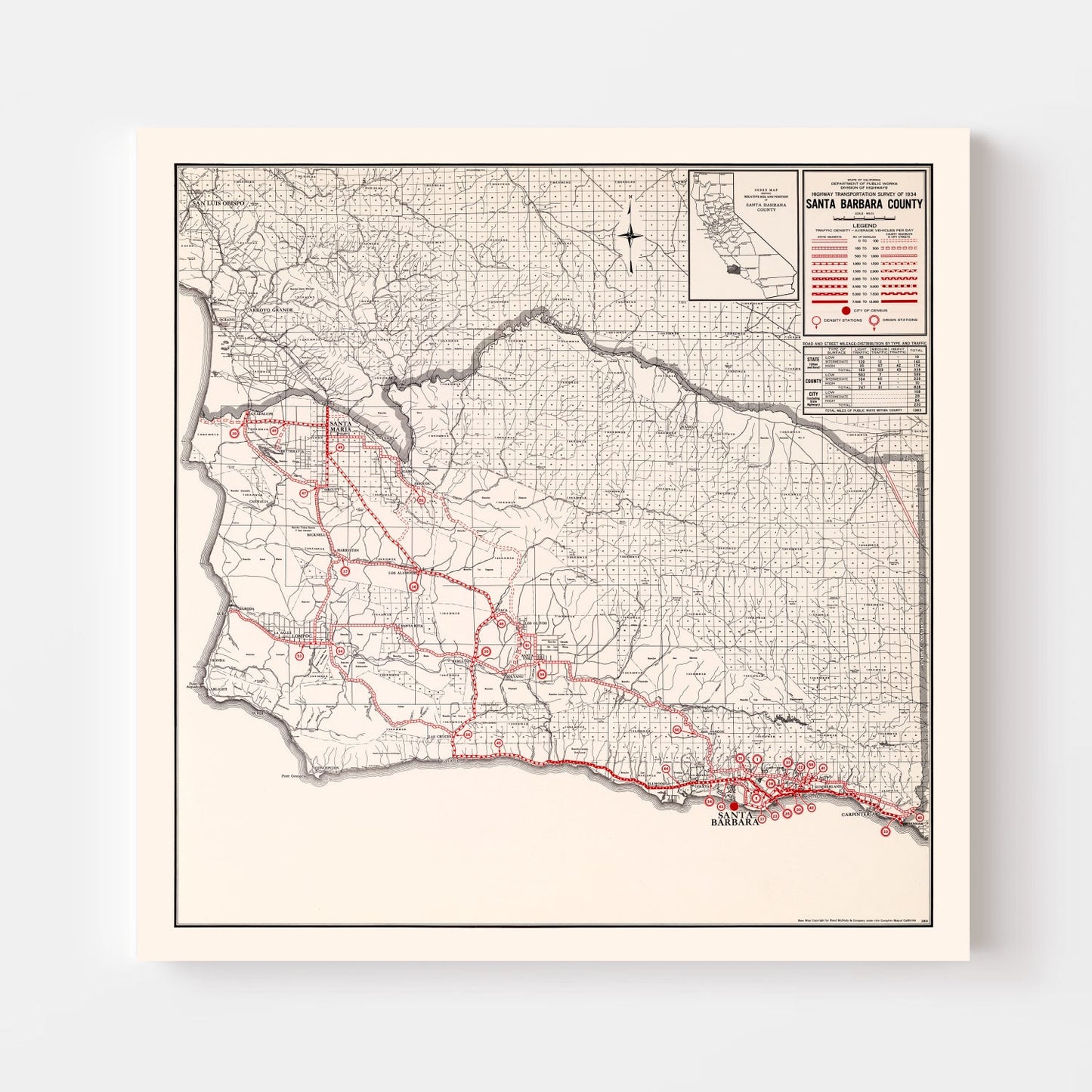 Vintage Map of Santa Barbara County, California 1935