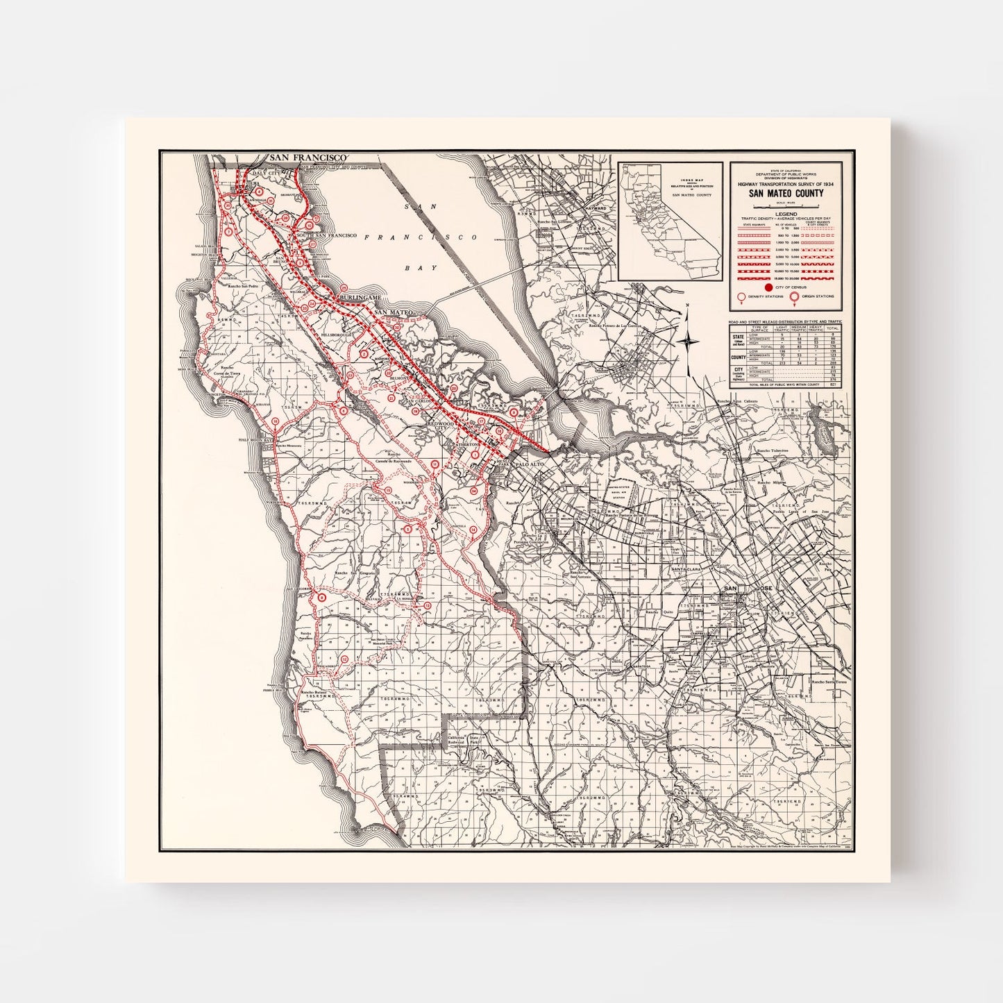 Vintage Map of San Mateo County, California 1935