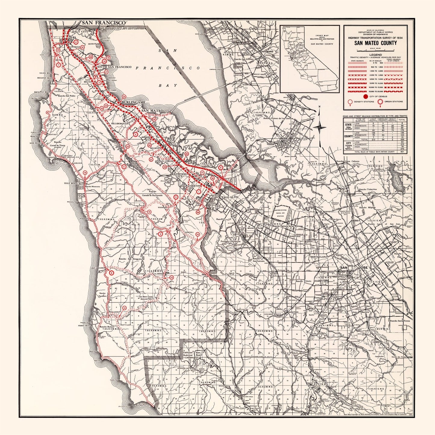 Vintage Map of San Mateo County, California 1935