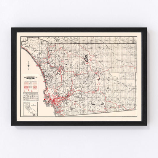 Vintage Map of San Diego County, California 1935