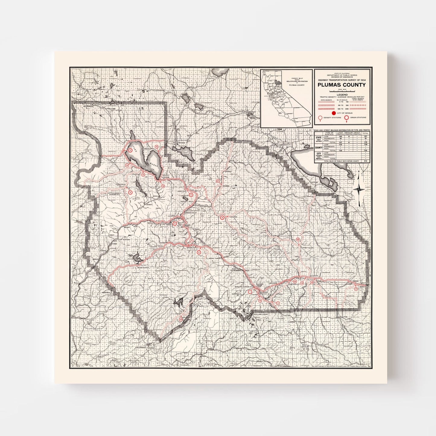 Vintage Map of Plumas County, California 1935