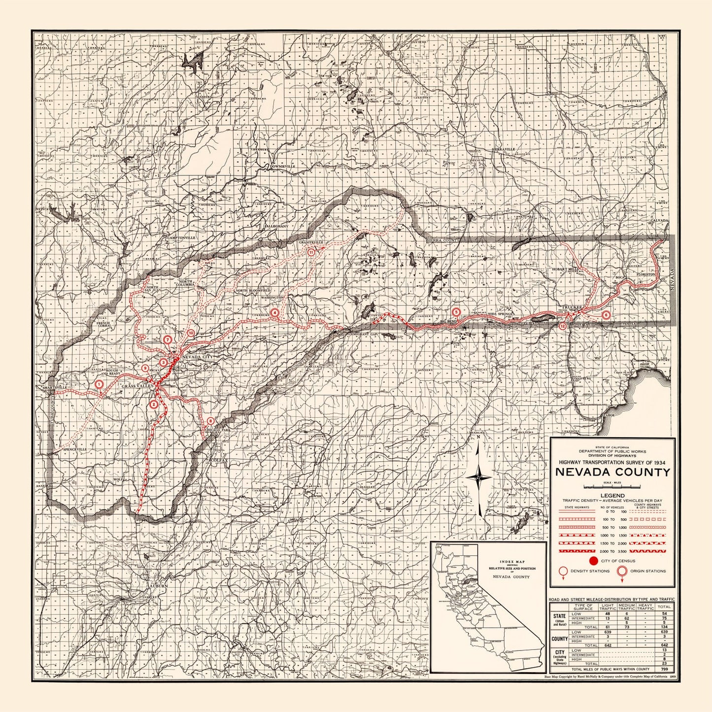 Vintage Map of Nevada County, California 1935
