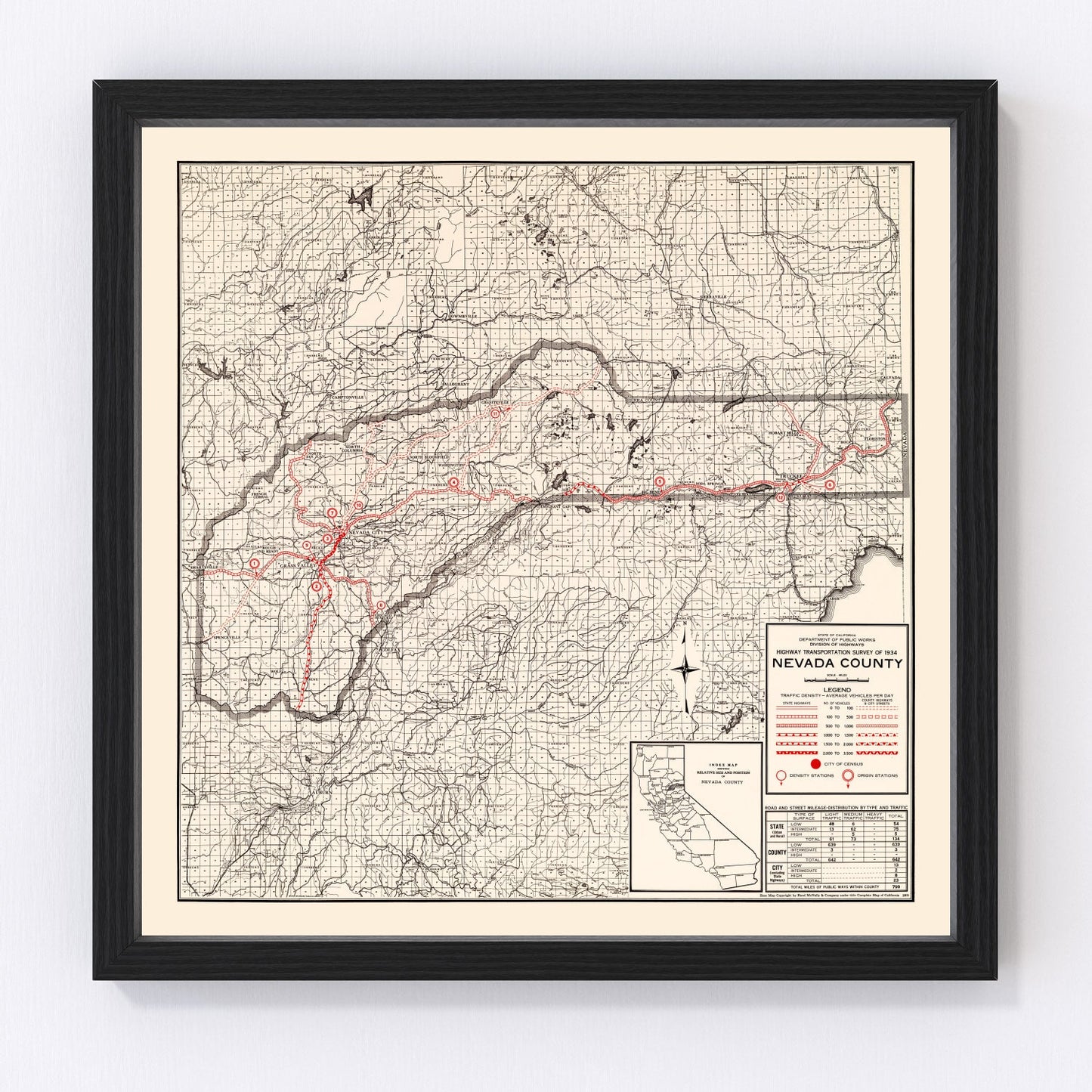 Vintage Map of Nevada County, California 1935