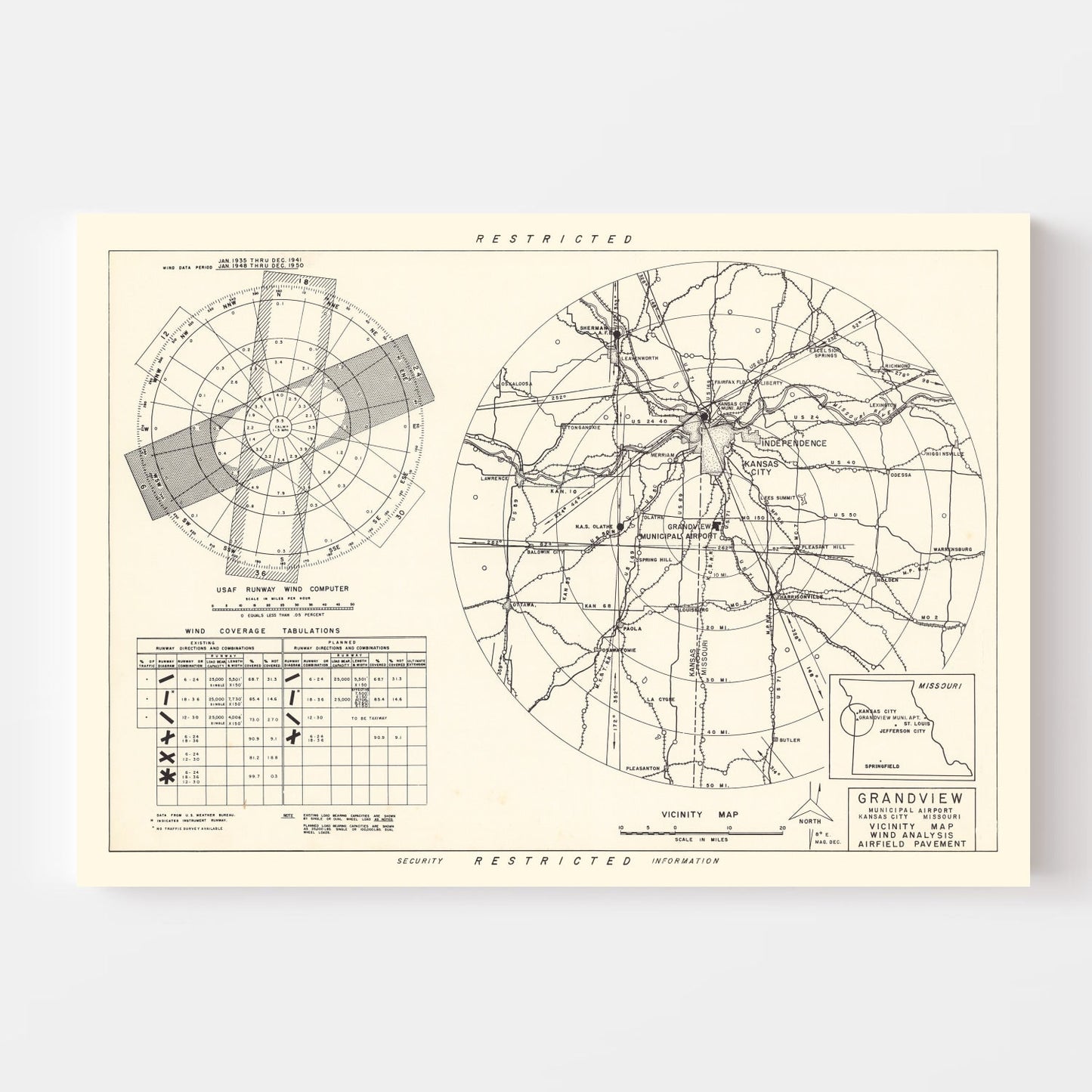 Vintage Map of the Grandview Municipal airport Vicinity, 1952