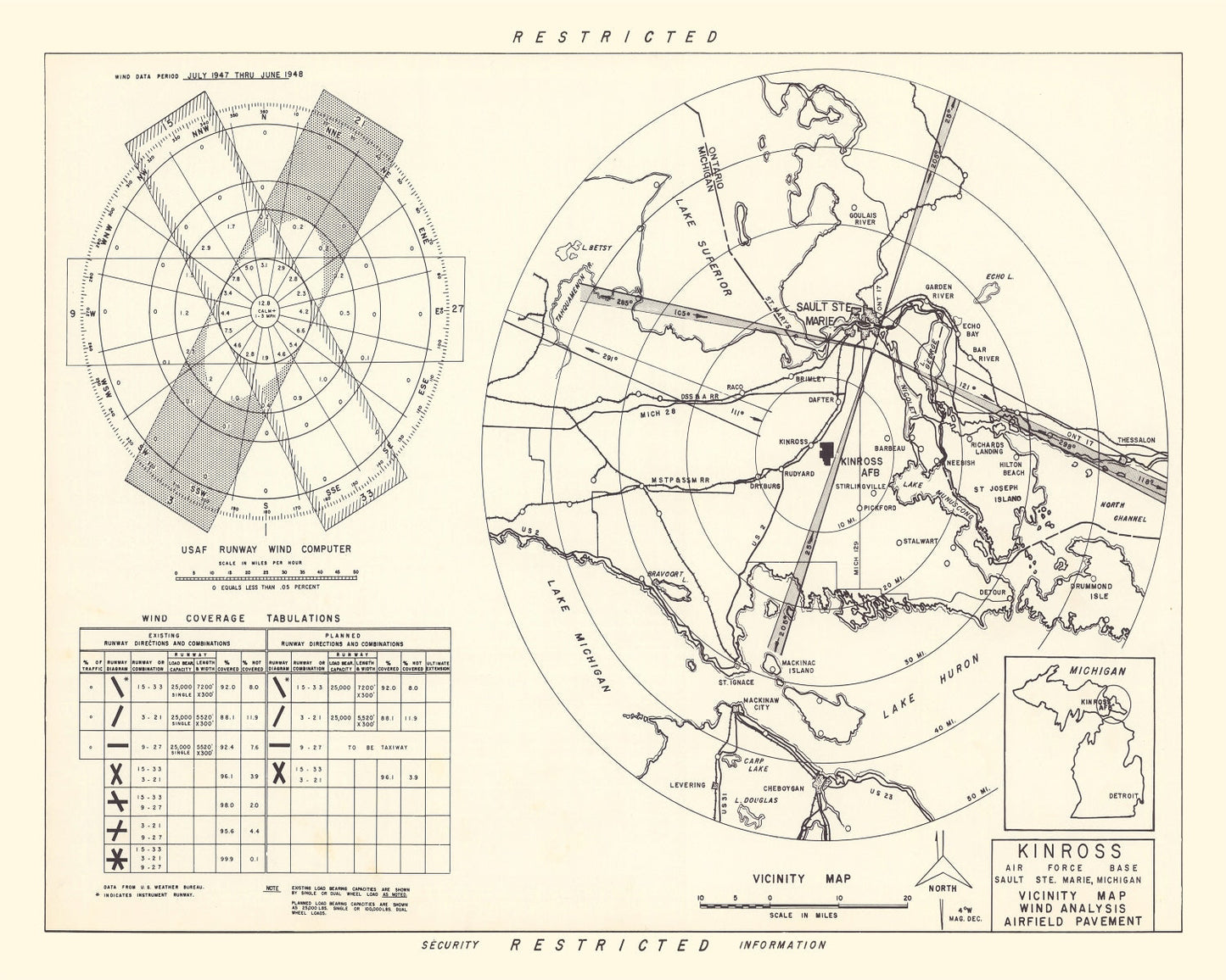 Vintage Map of the Kinross Air Force Base Vicinity, 1951