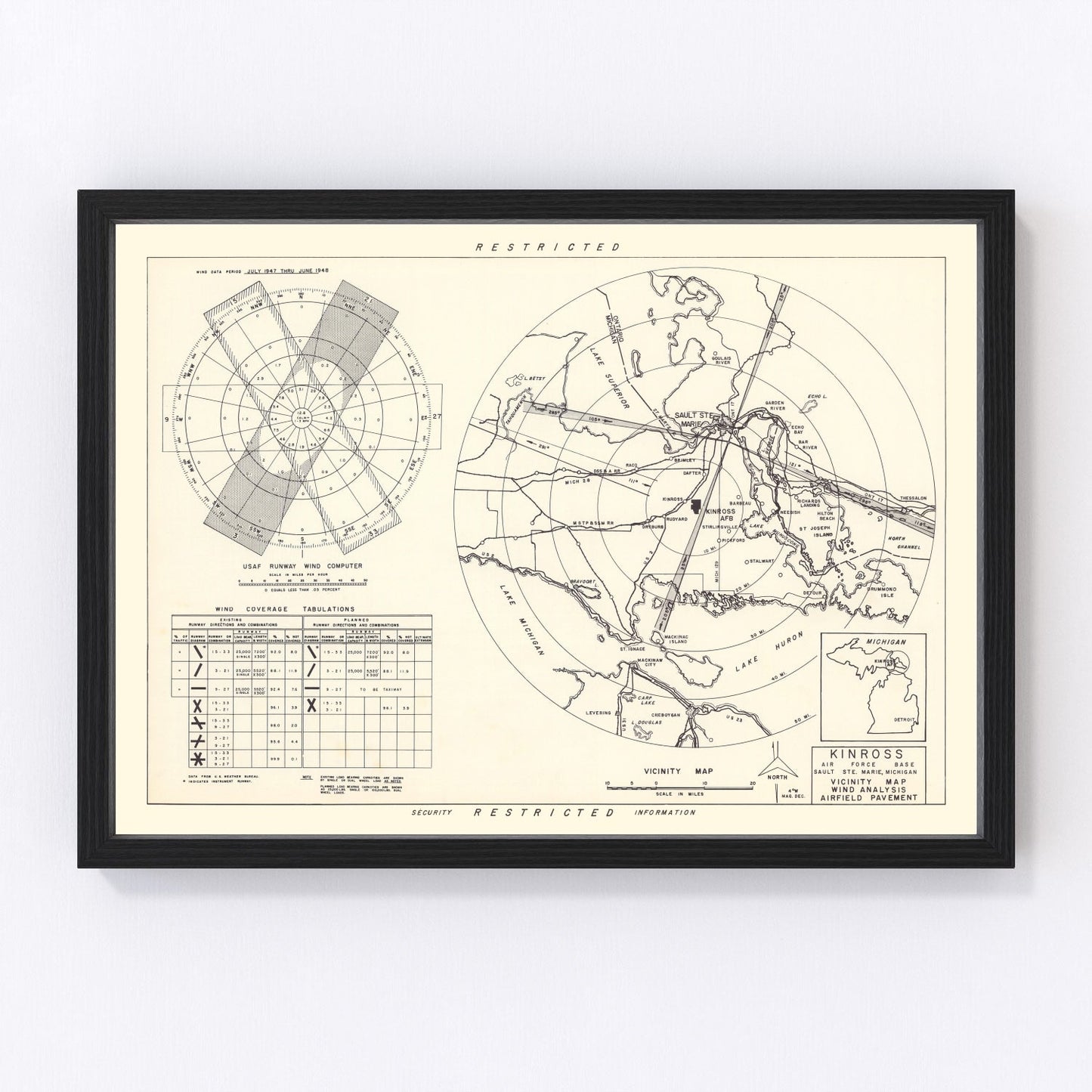 Vintage Map of the Kinross Air Force Base Vicinity, 1951