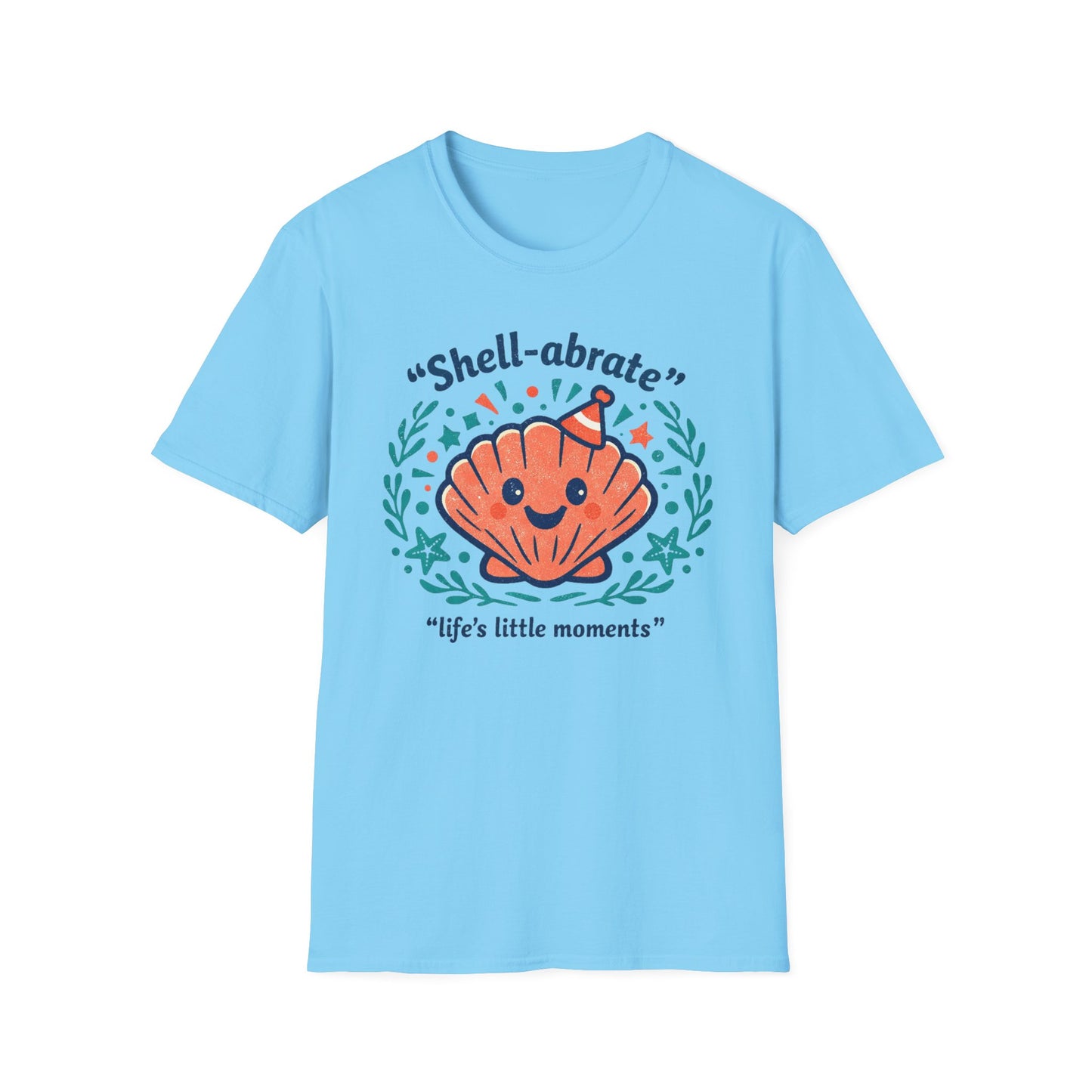 Shell-abrate Happy Seashell T-Shirt — "life's little moments" Cute Beach Graphic Tee