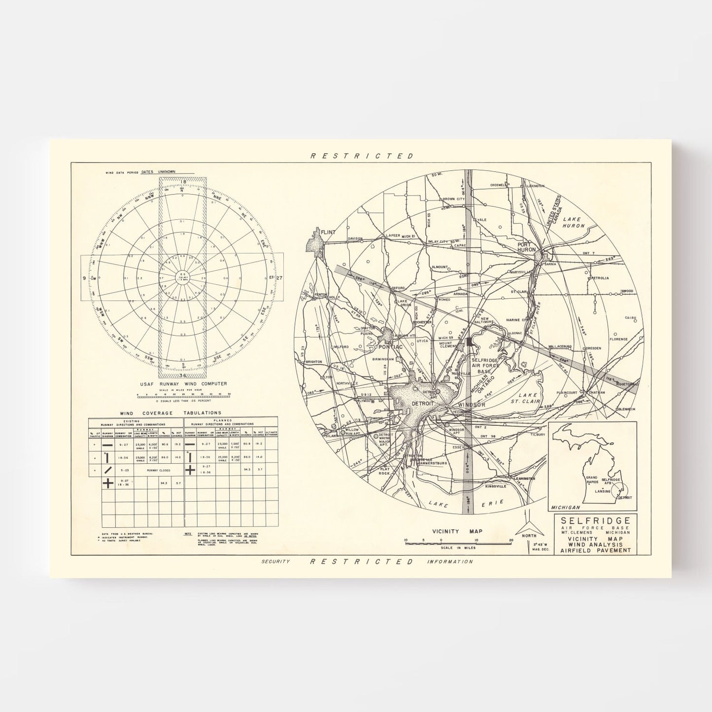 Vintage Map of the Selfridge Air Fore Base Vicinity, 1952