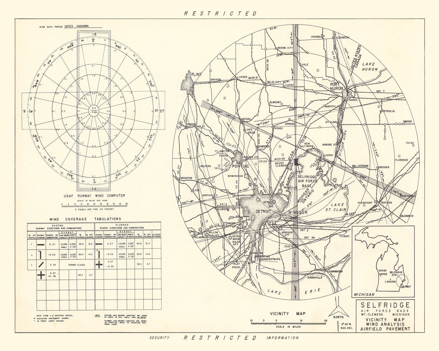 Vintage Map of the Selfridge Air Fore Base Vicinity, 1952