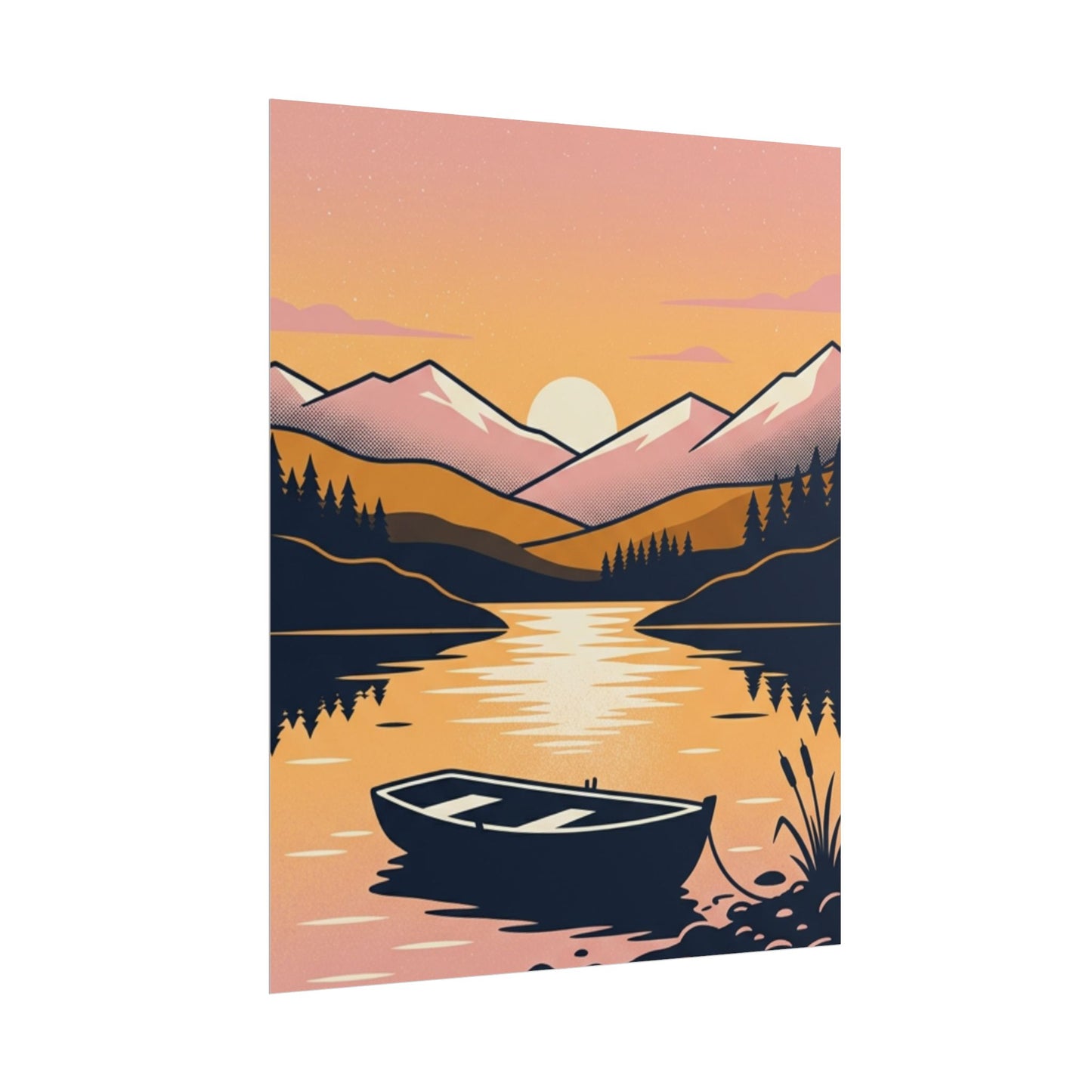 Sunset Lake Boat Poster — Scenic Mountain Landscape Wall Art