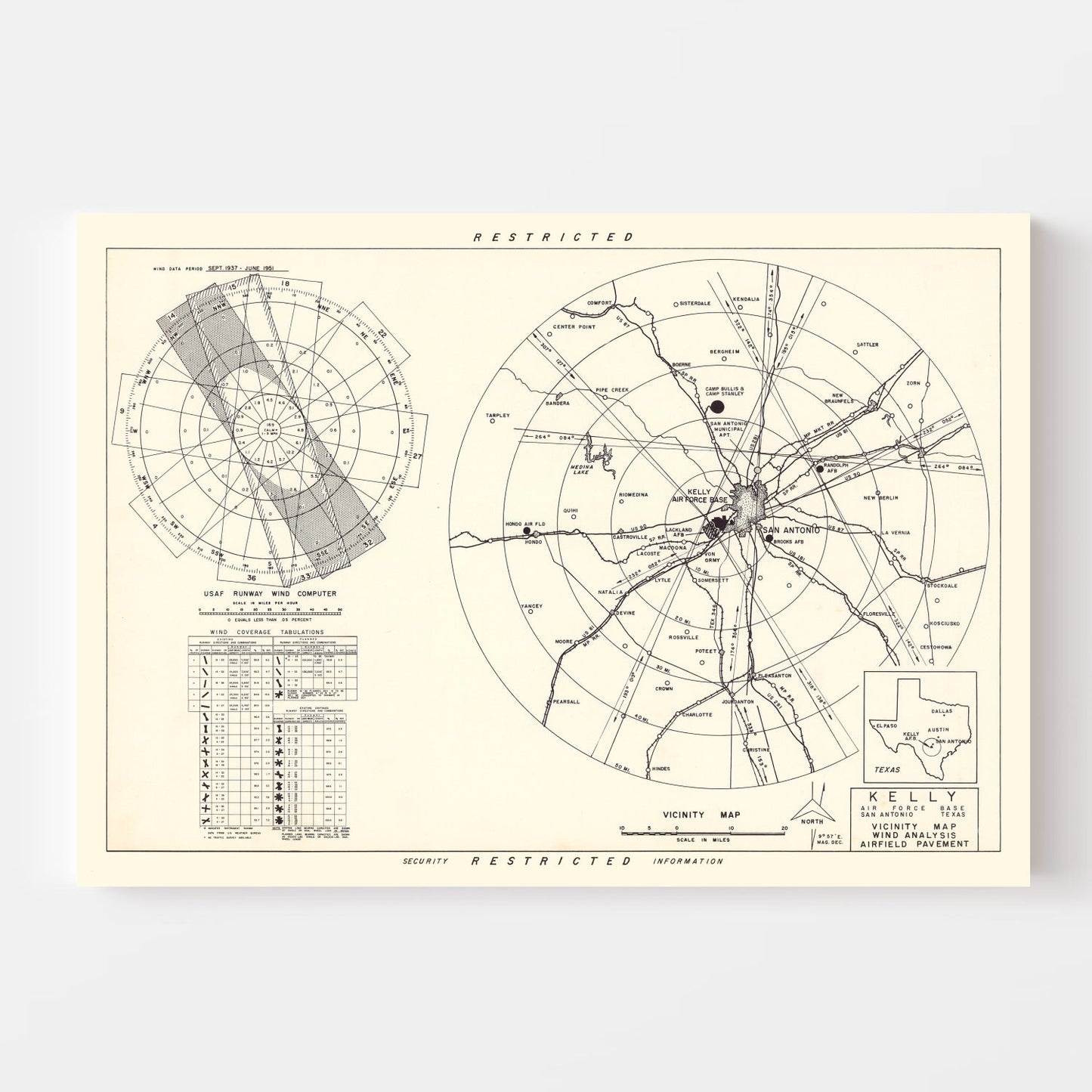 Vintage Map of the Kelly Air Force Base Vicinity, 1952