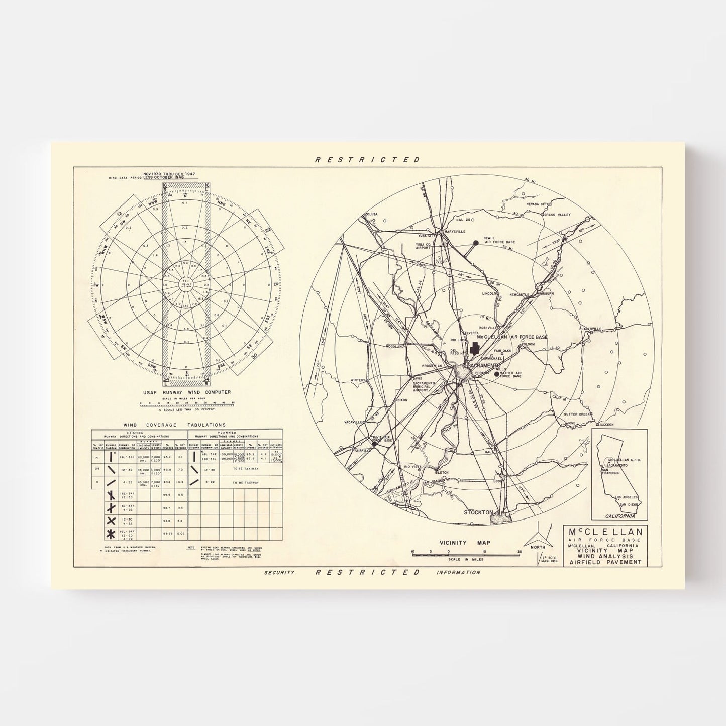 Vintage Map of the McClellan Air Force Base Vicinity, 1952