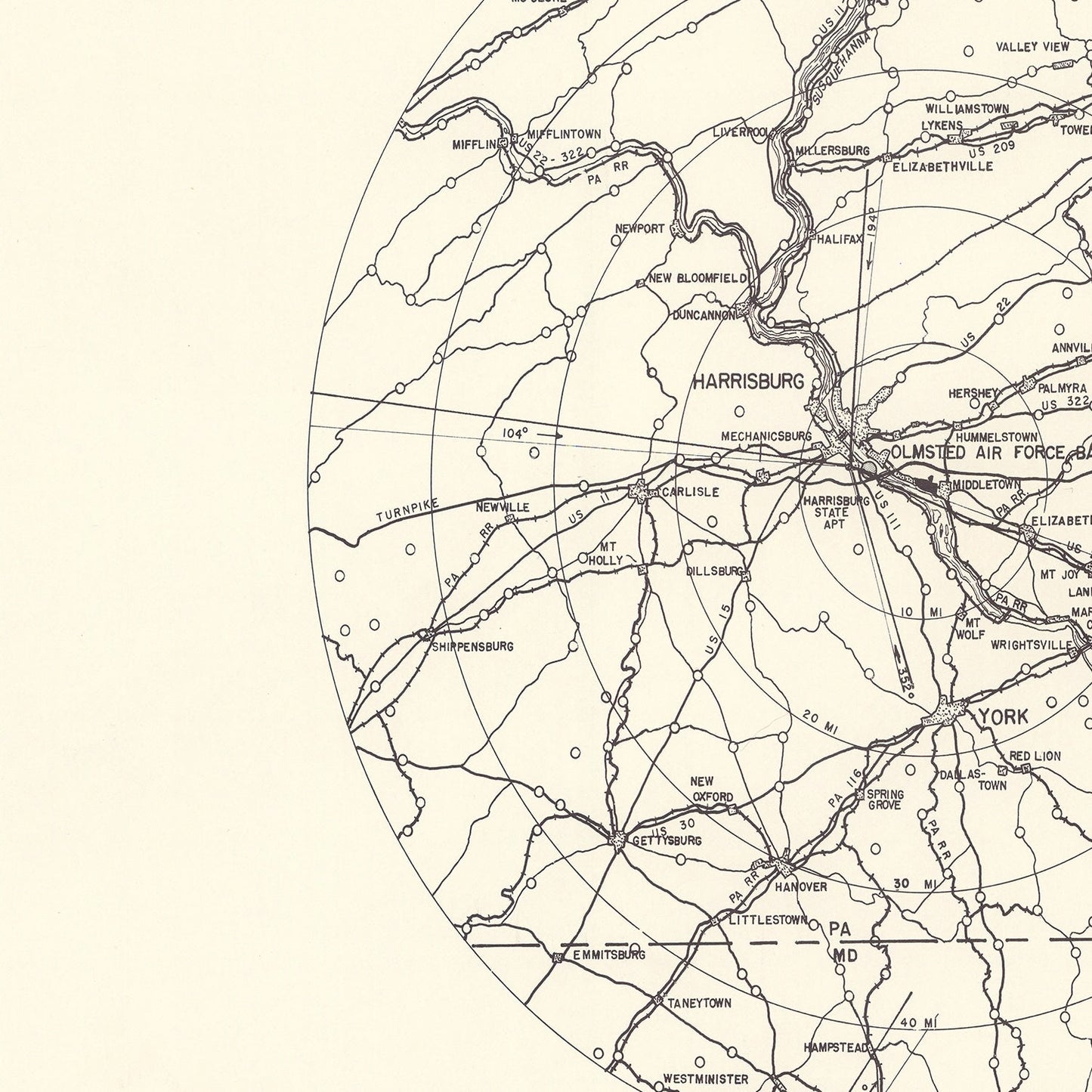 Vintage Map of the Olmsted Air Force Base Vicinity, 1951
