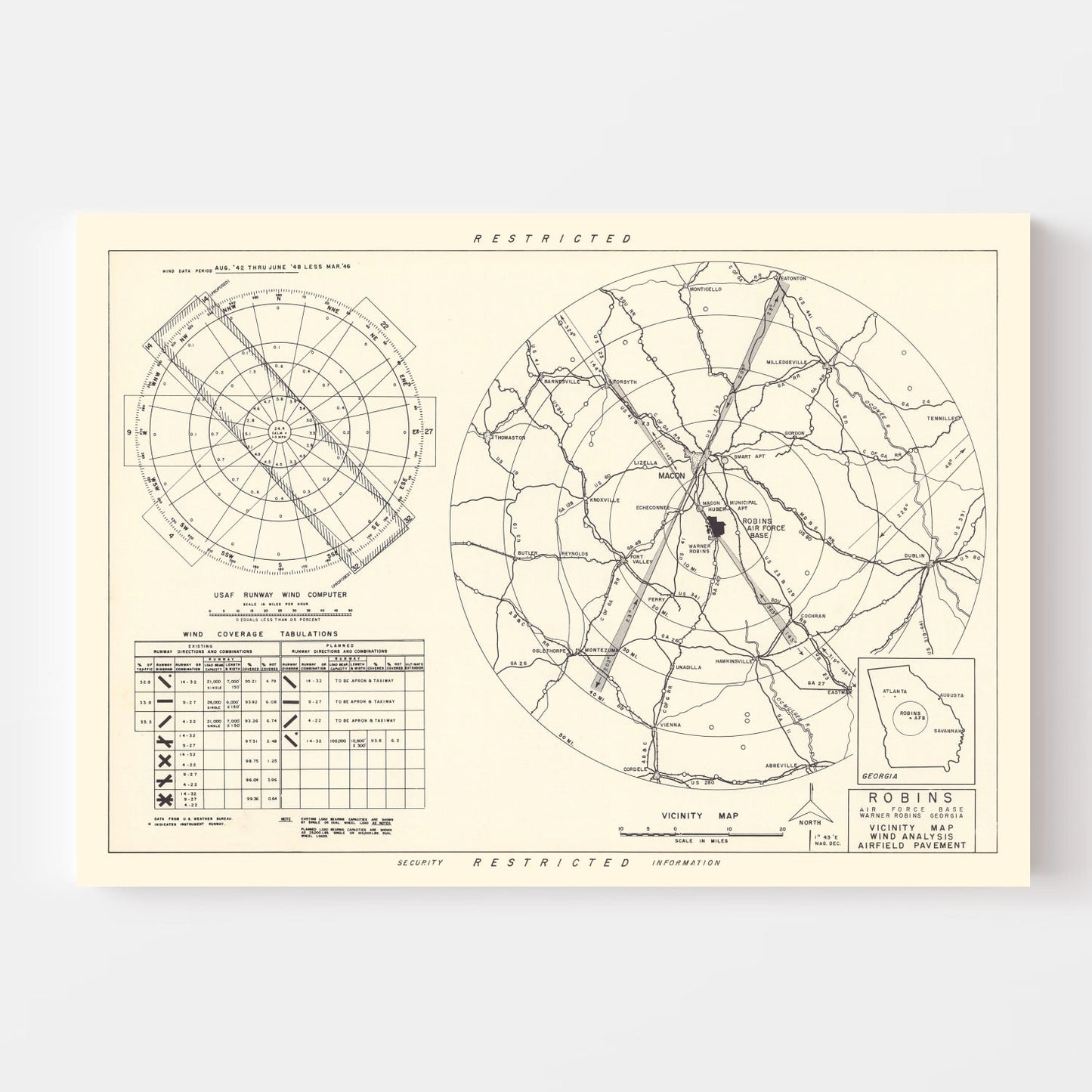 Vintage Map of the Robins Air Force Base Vicinity, 1952