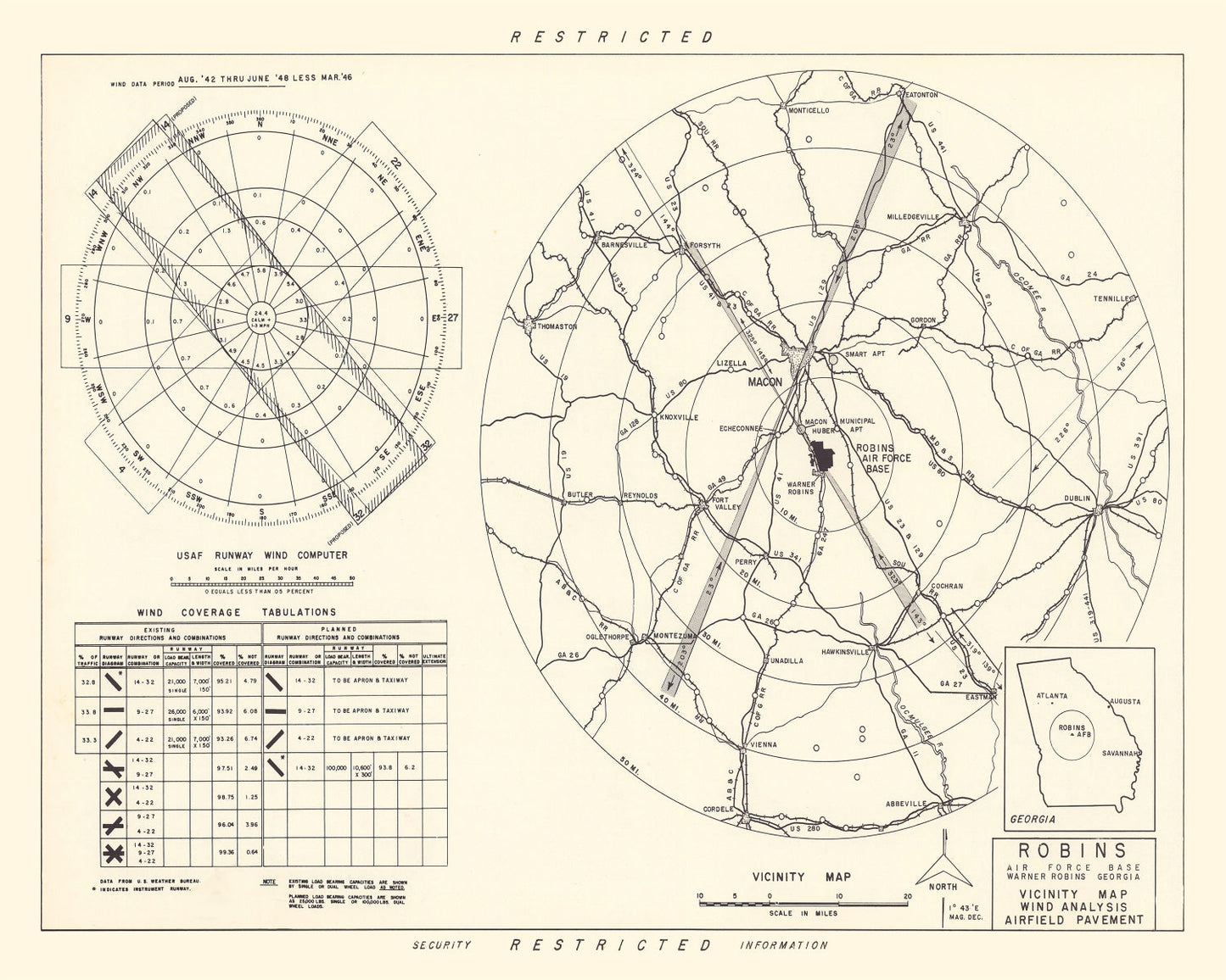 Vintage Map of the Robins Air Force Base Vicinity, 1952