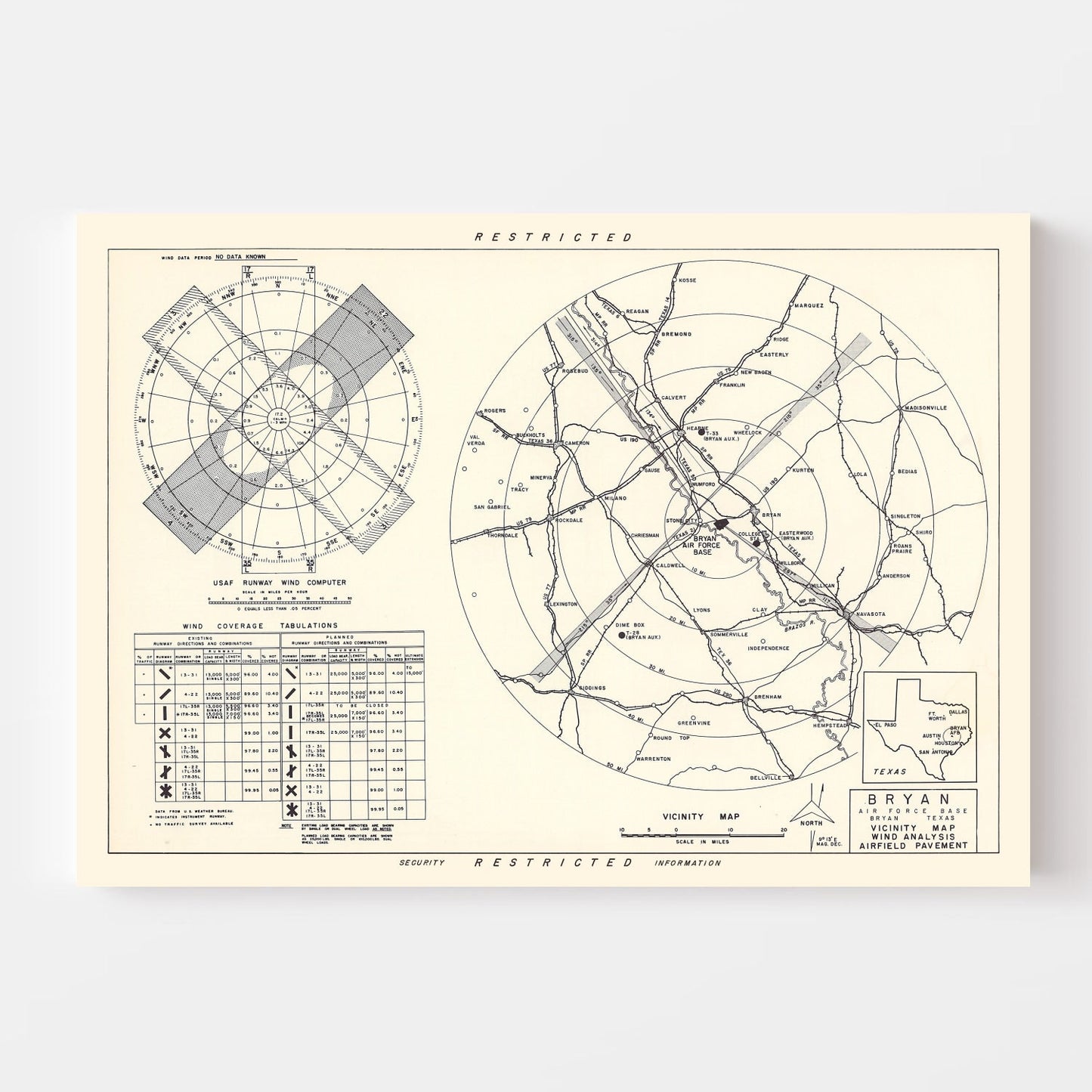 Vintage Map of the Bryan Air Force Base Vicinity, 1951