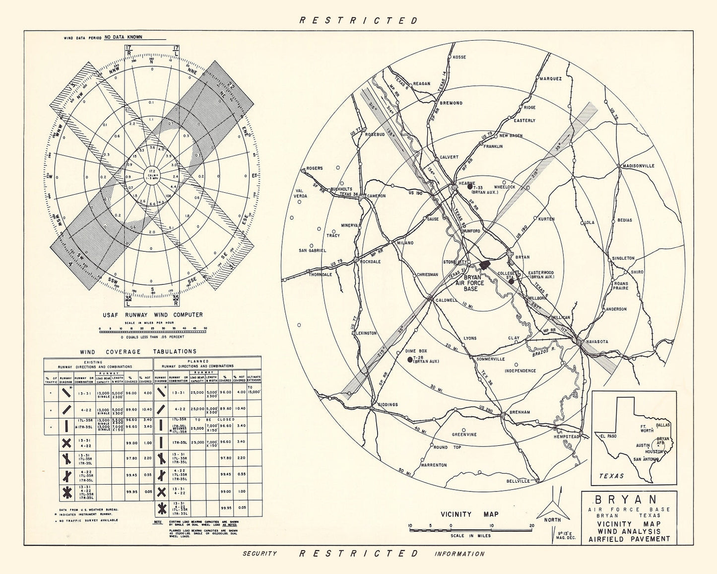 Vintage Map of the Bryan Air Force Base Vicinity, 1951