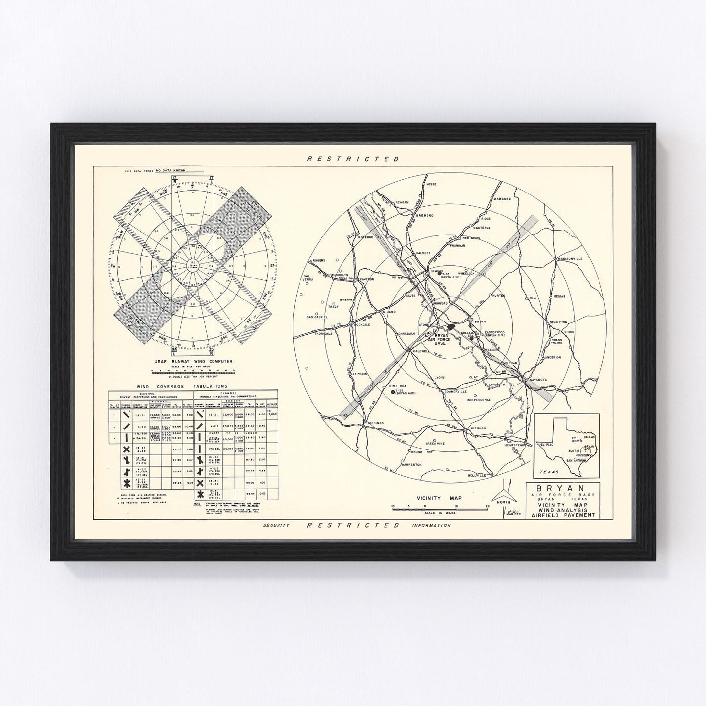 Vintage Map of the Bryan Air Force Base Vicinity, 1951