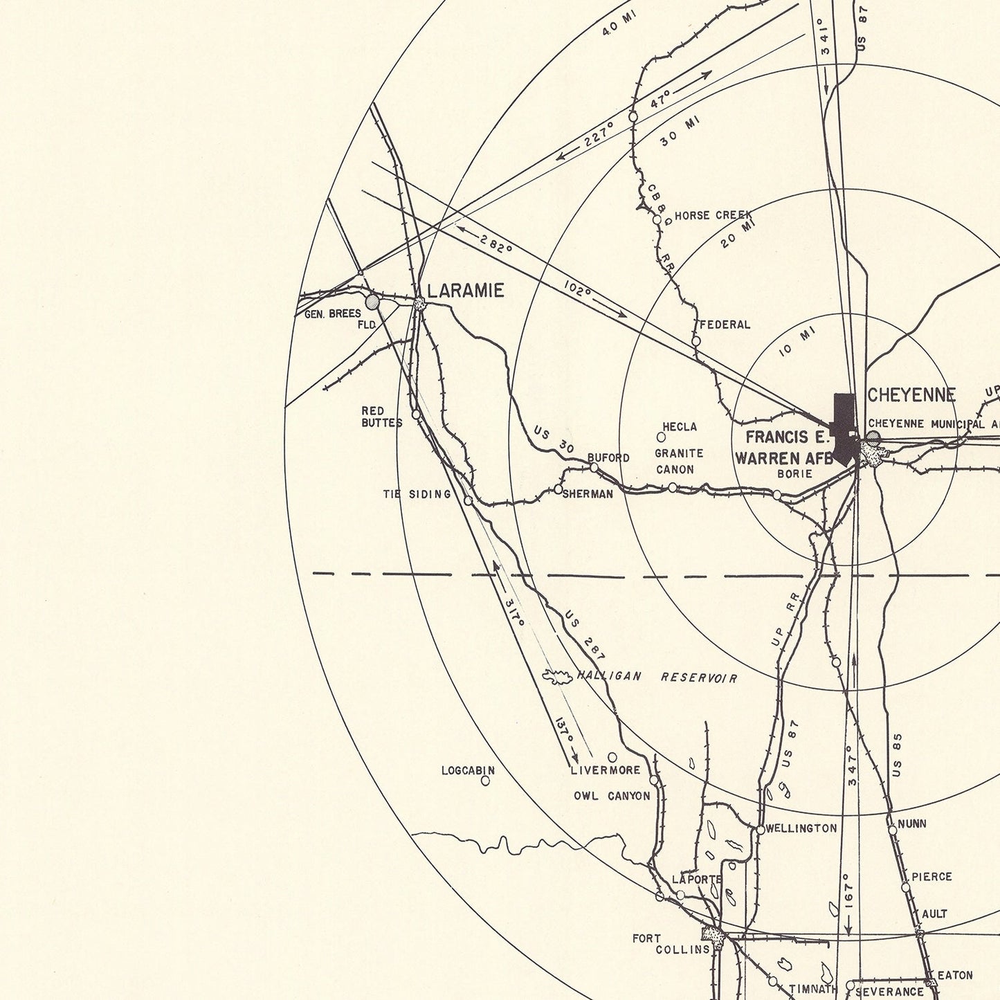 Vintage Map of the Francis E. Warren Air Force Base Vicinity, 1952