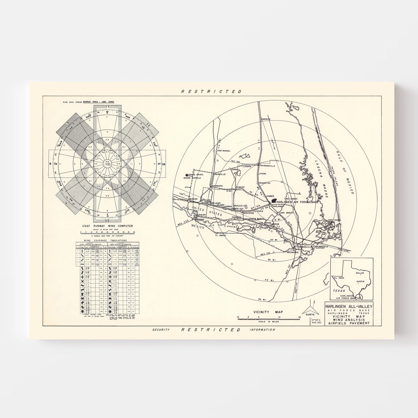 Vintage Map of the Harlingen All-Valley Air Force Base Vicinity, 1951