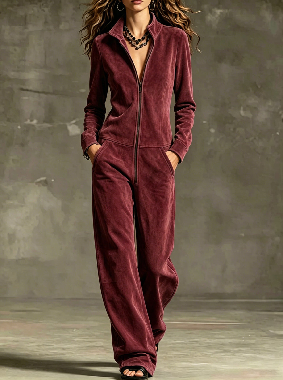 Women's Suede-Look Zip-Front Wide-Leg Jumpsuit