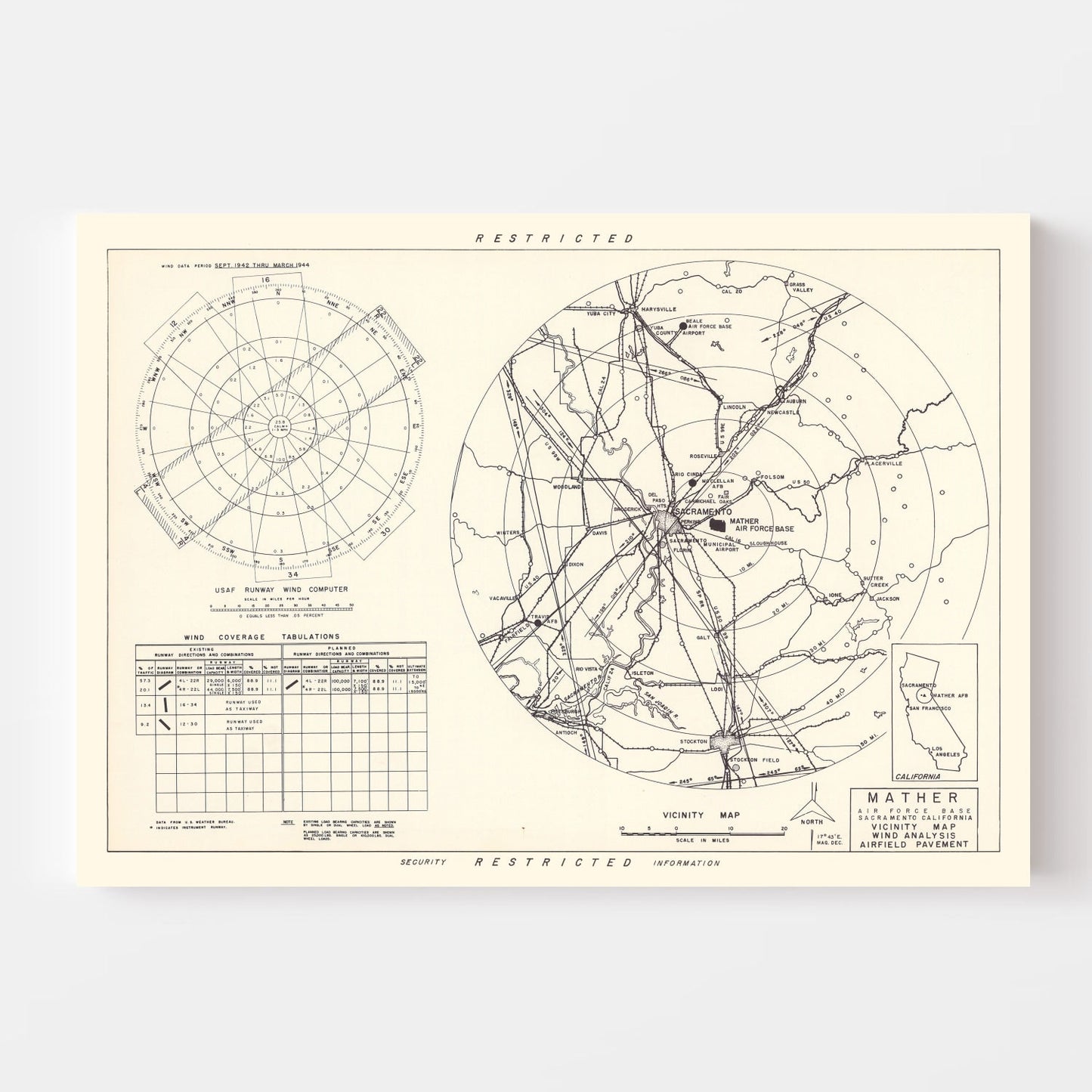 Vintage Map of the Mather Air Force Base Vicinity, 1952