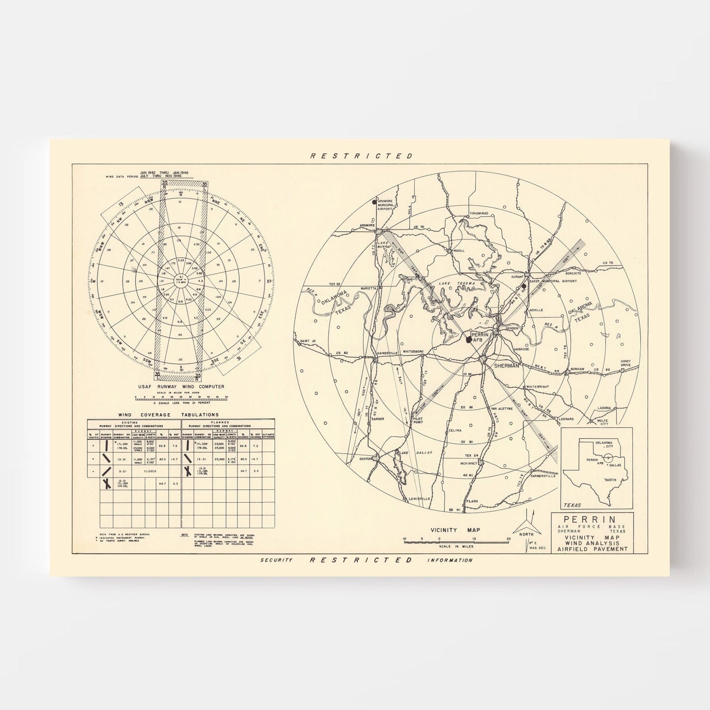 Vintage Map of the Perrin Air Force Base Vicinity, 1952