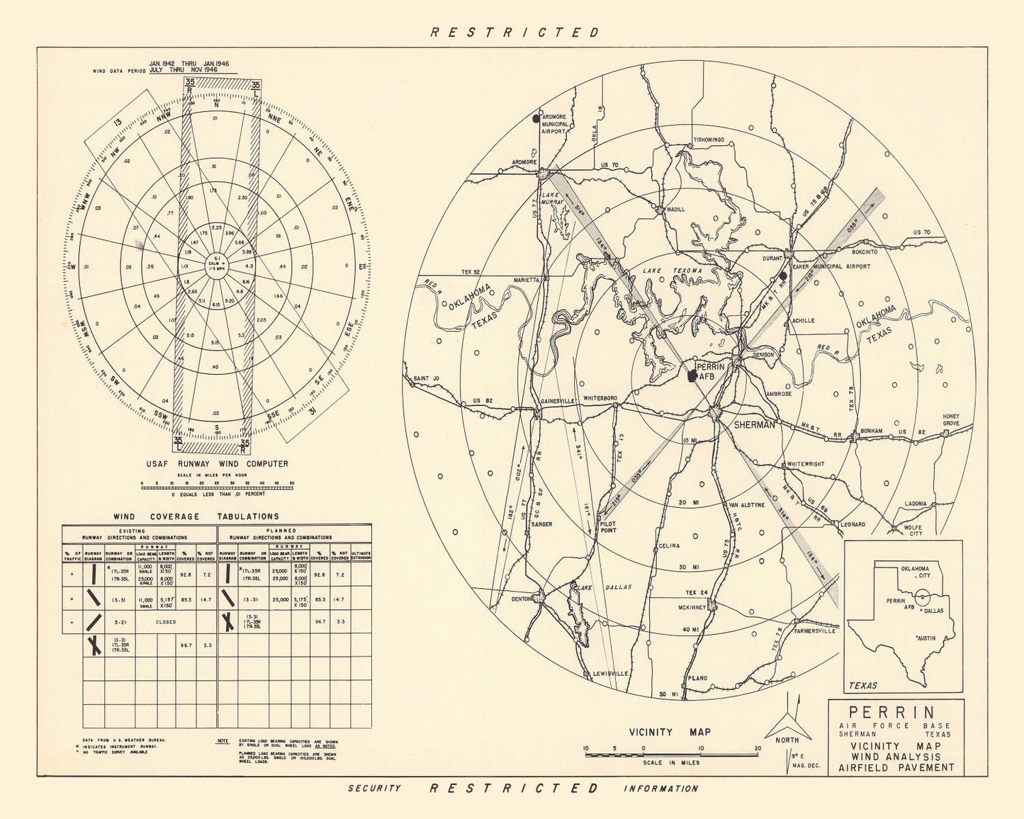 Vintage Map of the Perrin Air Force Base Vicinity, 1952