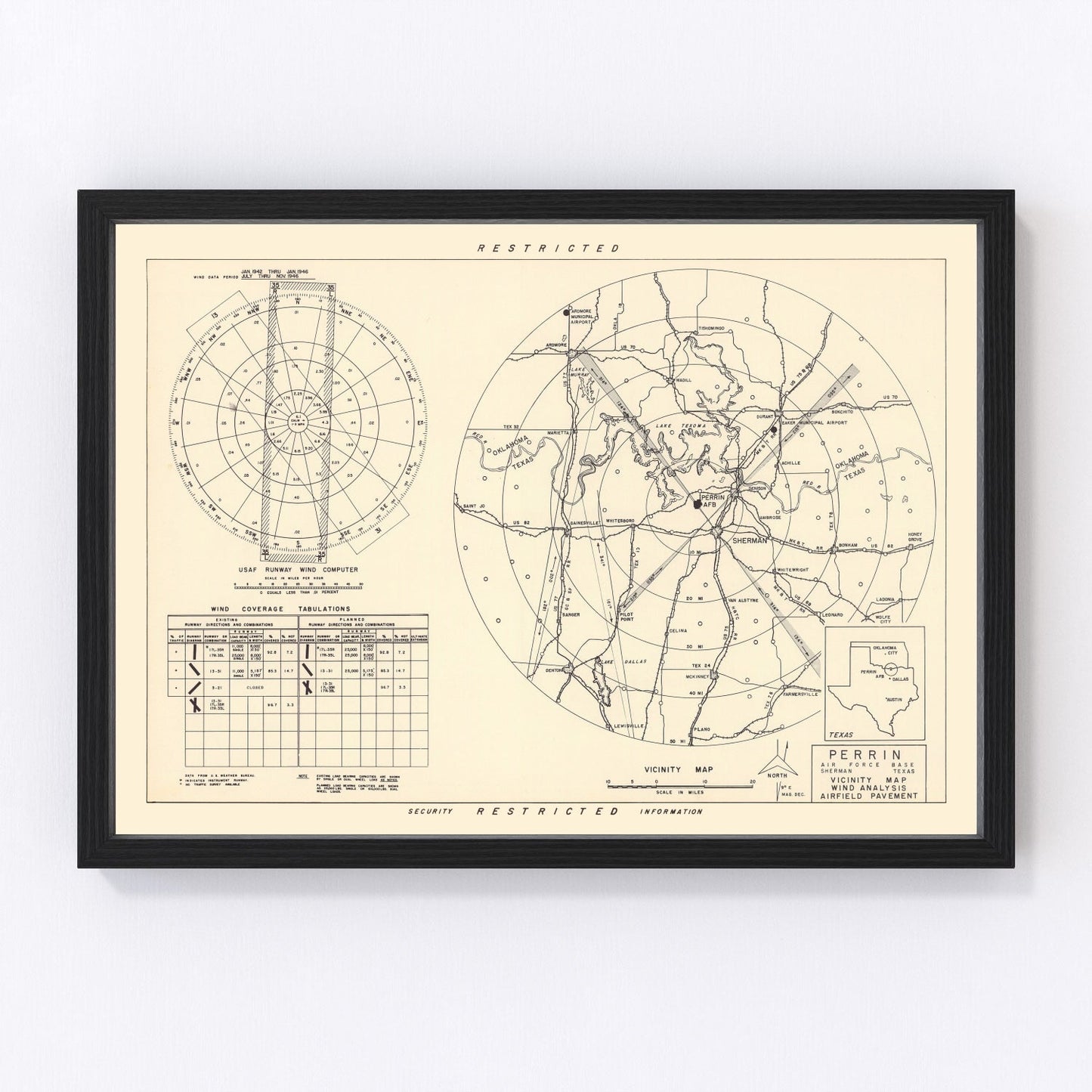 Vintage Map of the Perrin Air Force Base Vicinity, 1952