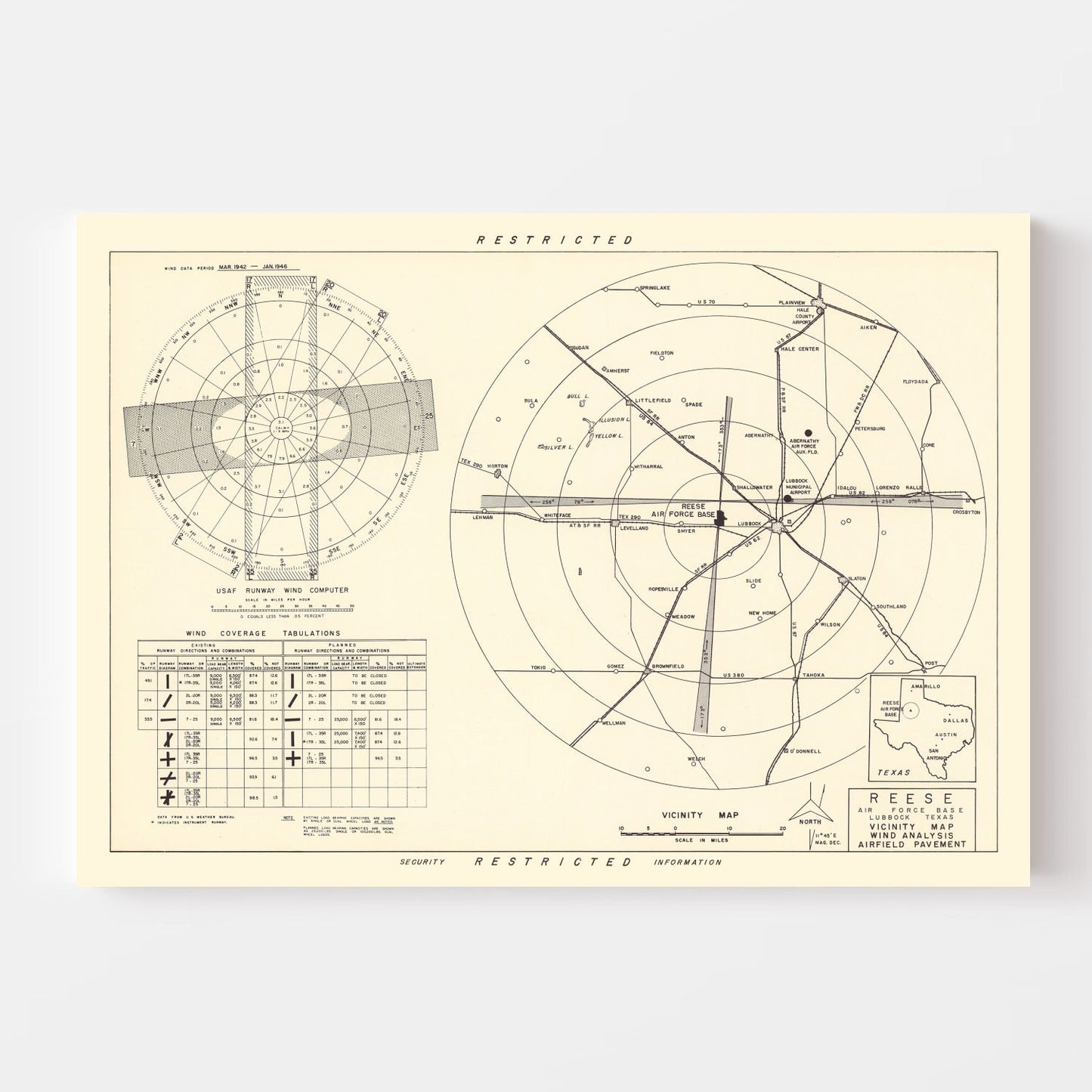 Vintage Map of the Reese Air Force Base Vicinity, 1952